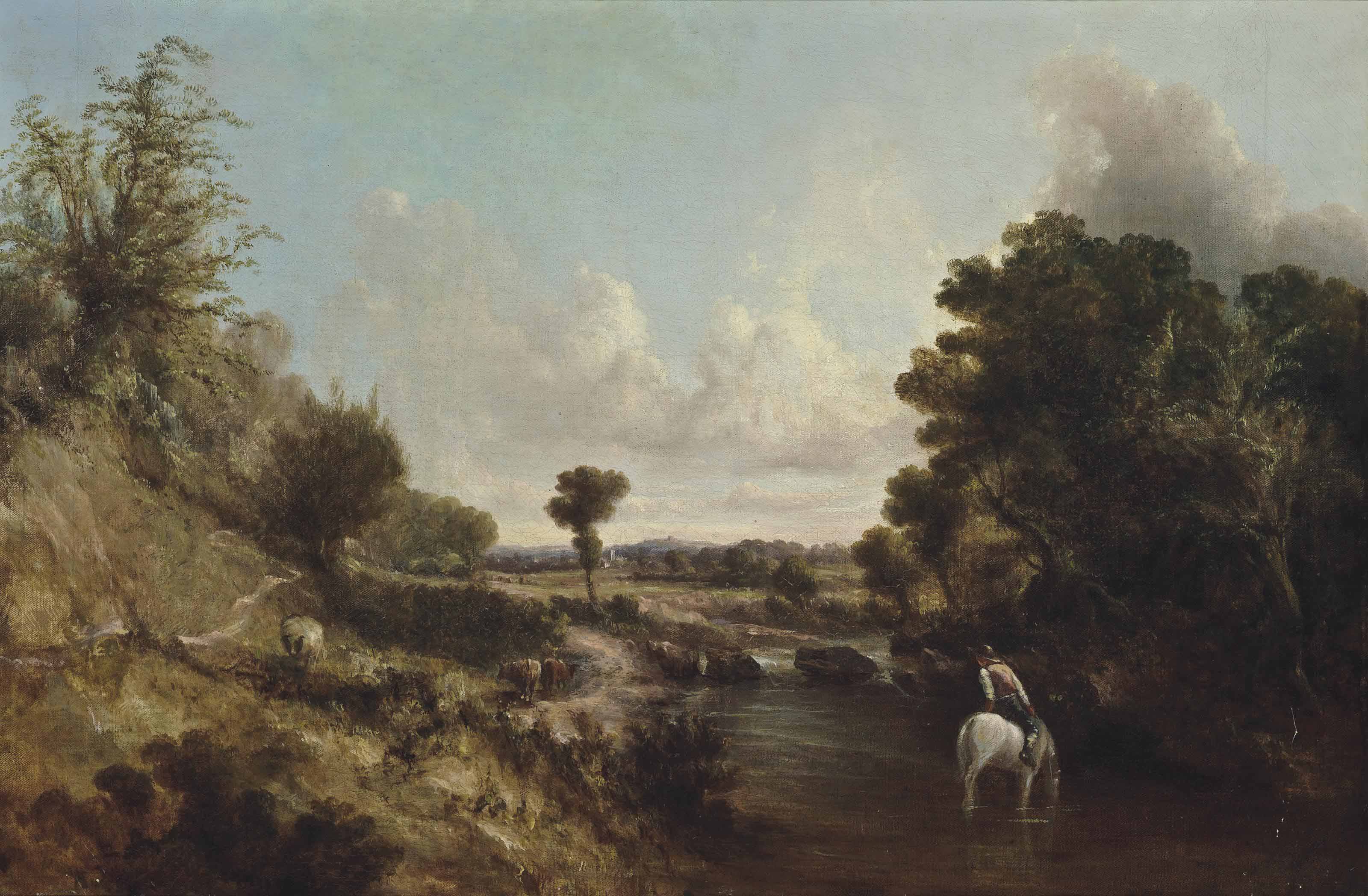 John Constable — Лесистый речной пейзаж с погонщиком верхом на лошади и его скотом на тропинке