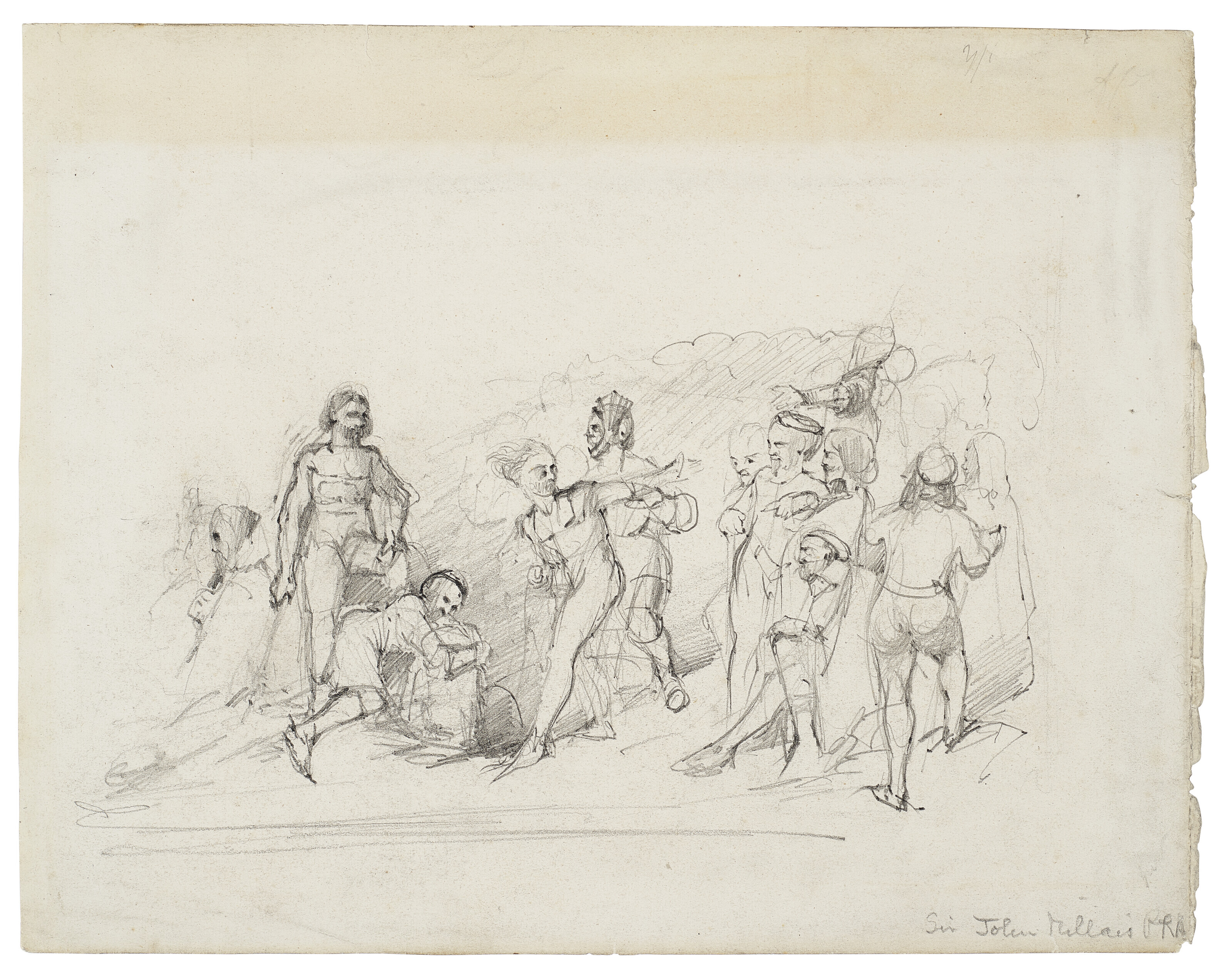 John Everett Millais — Драматическая историческая сцена (справа); Группа фигур и собака, окружающие мертвеца (сзади)