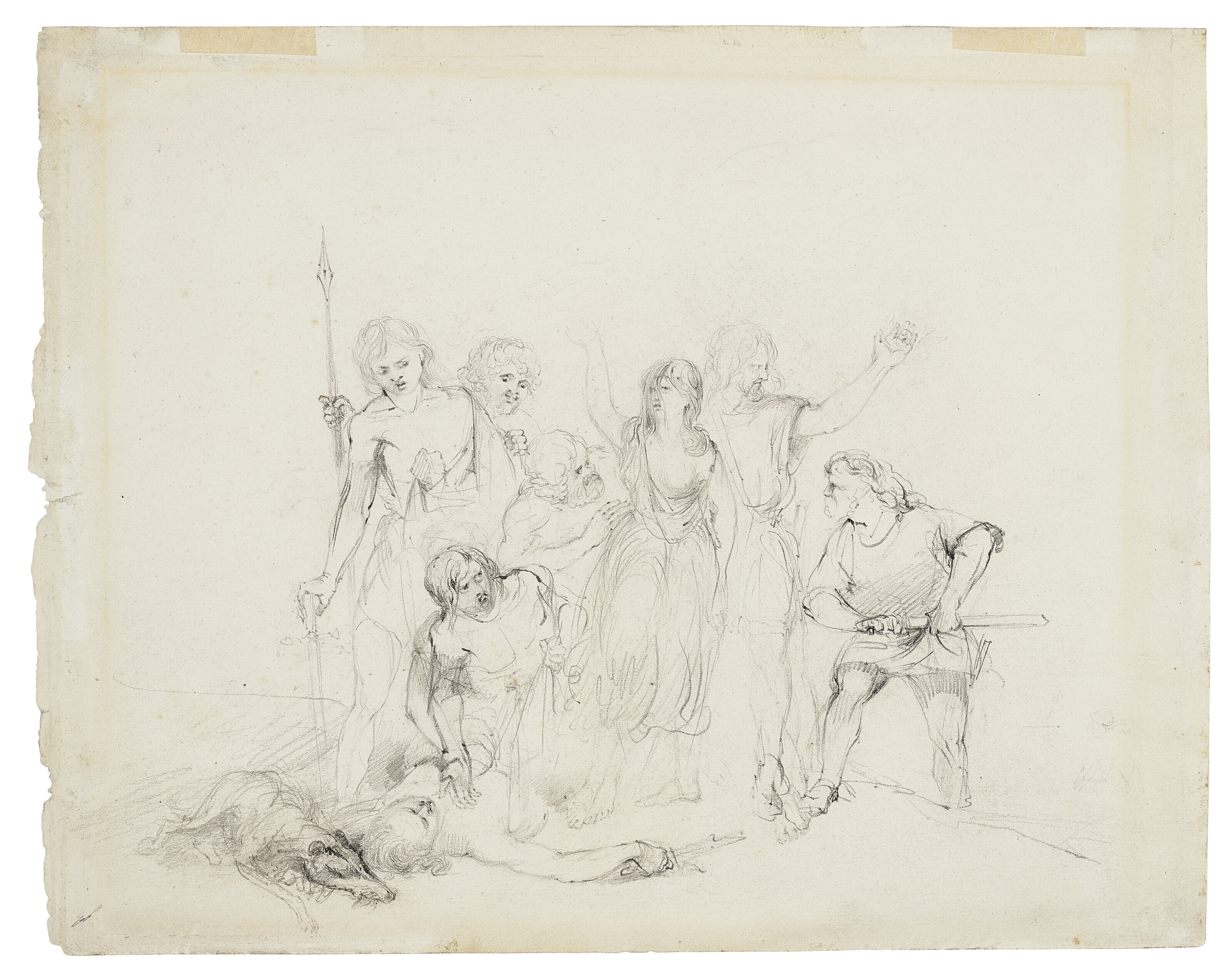 John Everett Millais — Драматическая историческая сцена (справа); Группа фигур и собака, окружающие мертвеца (сзади), изображение 2