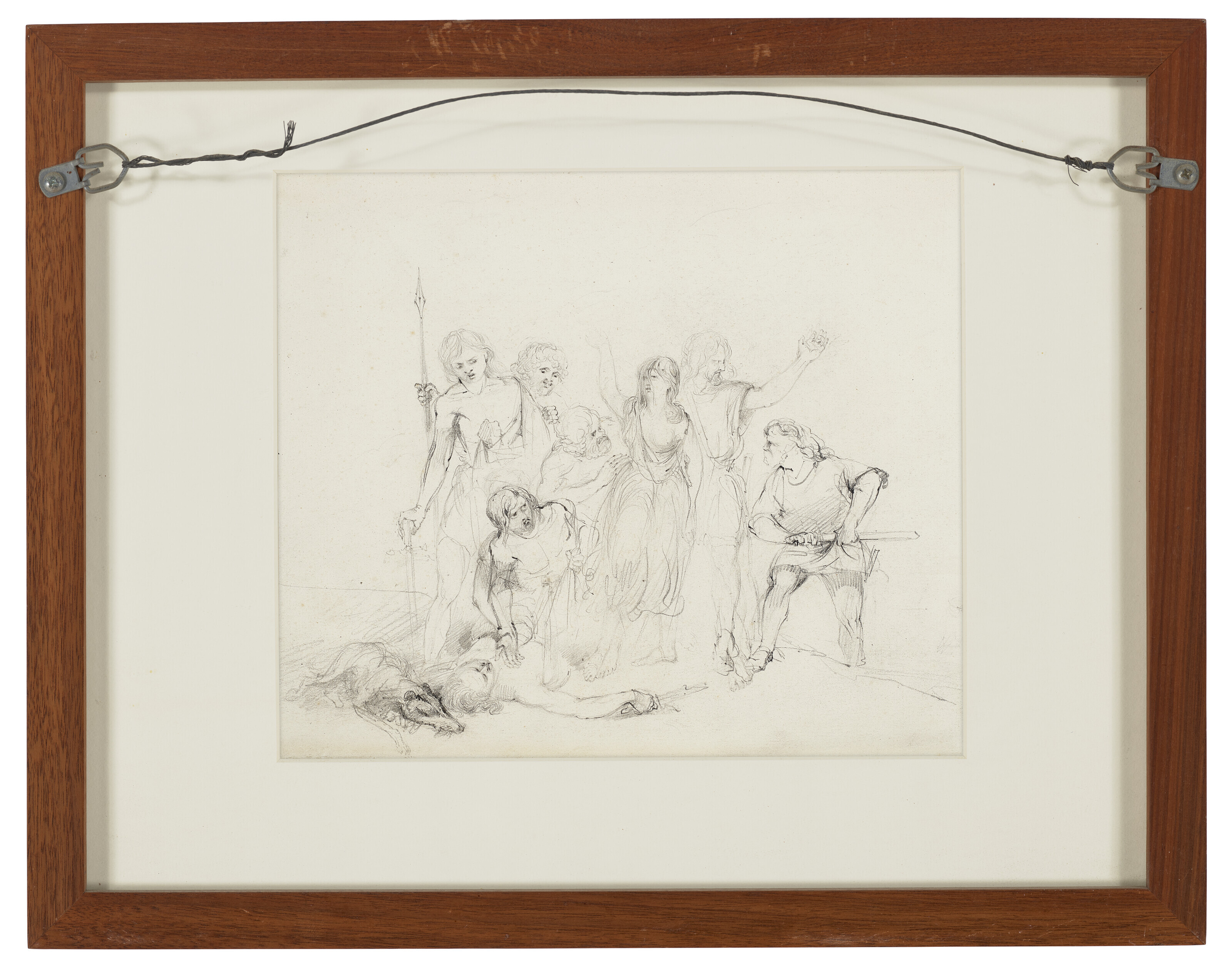 John Everett Millais — Драматическая историческая сцена (справа); Группа фигур и собака, окружающие мертвеца (сзади), изображение 4
