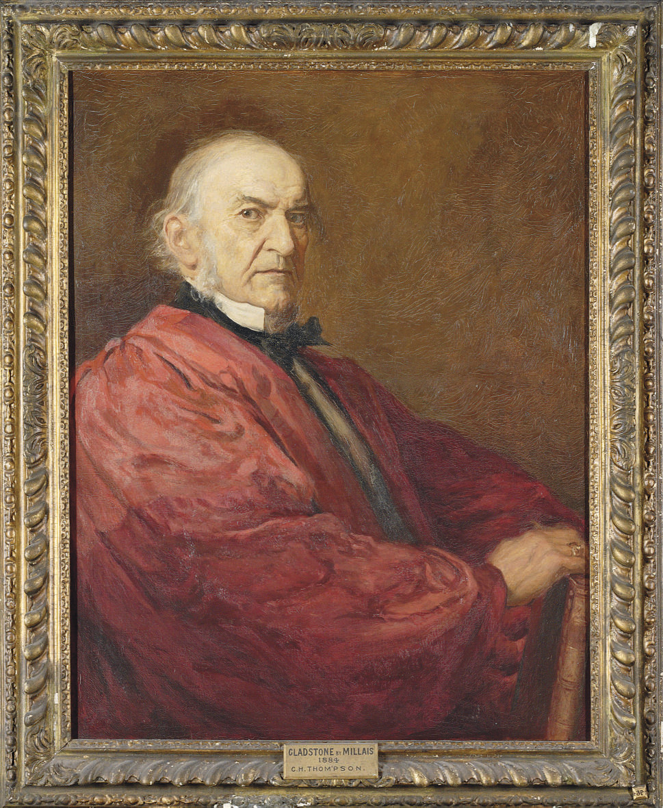 John Everett Millais — Портрет Уильяма Юарта Гладстона (1809-1898), сидящего в полный рост, в малиновой мантии с белым воротничком