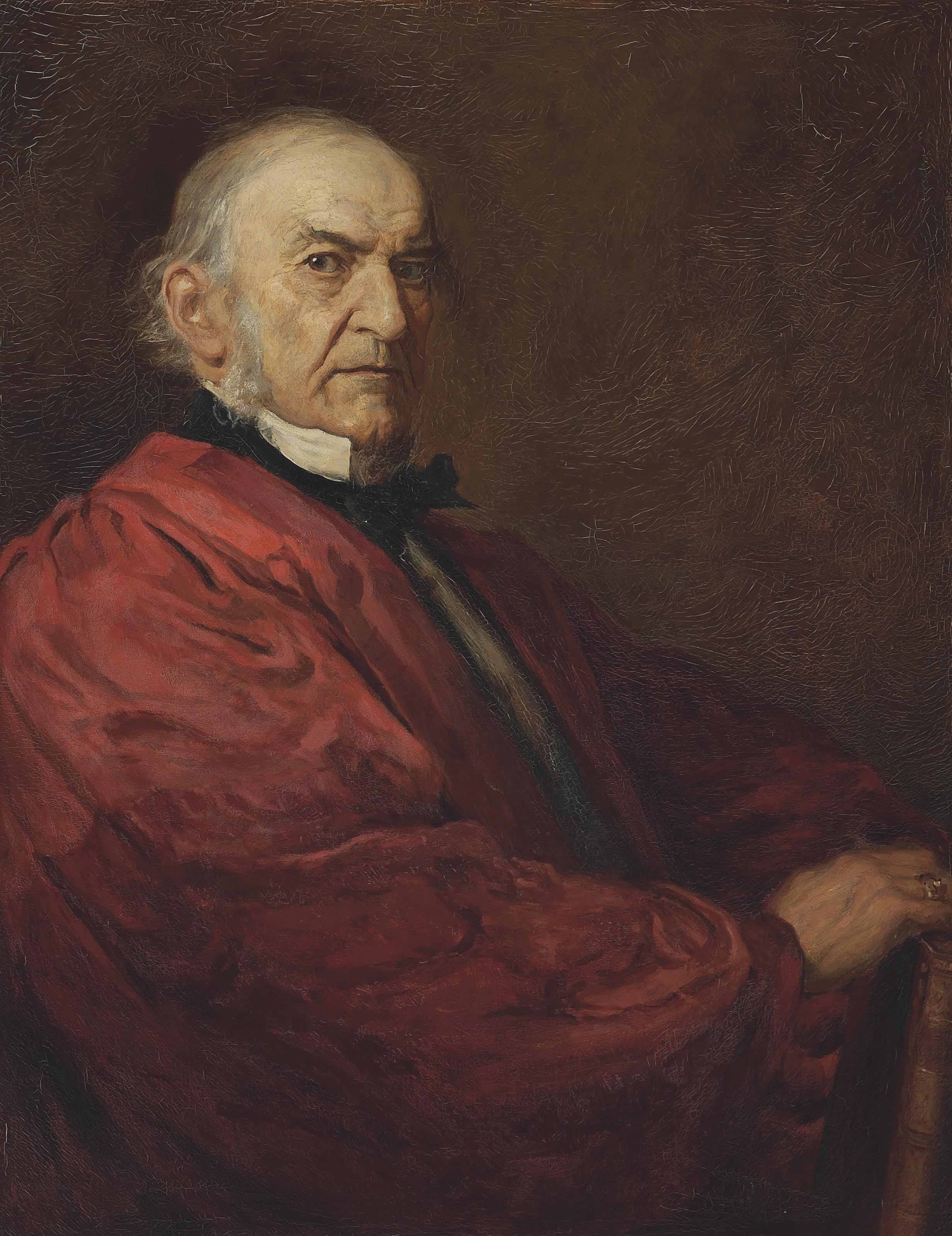 John Everett Millais — Портрет Уильяма Юарта Гладстона (1809-1898), сидящего в полный рост, в малиновой мантии с белым воротничком