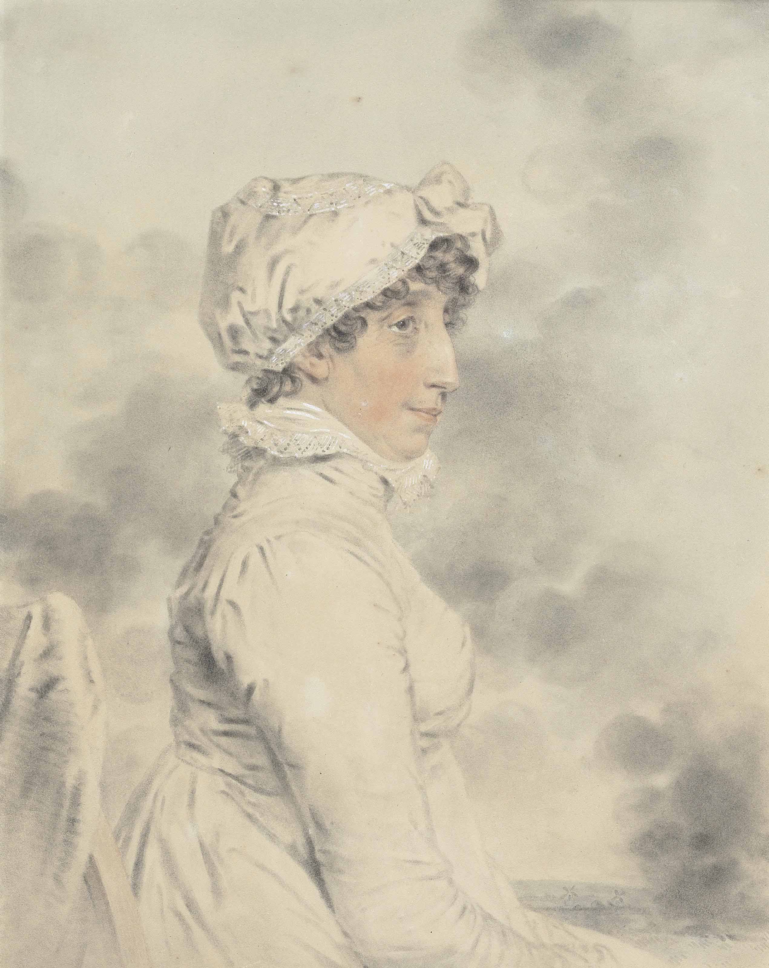 John Graham — Портрет миссис Арабеллы Грэм-Кларк (1755-1827), сидящей в полный рост, в белом платье с высоким воротом и отделанном кружевами чепце, на фоне пейзажа с ветряными мельницами
