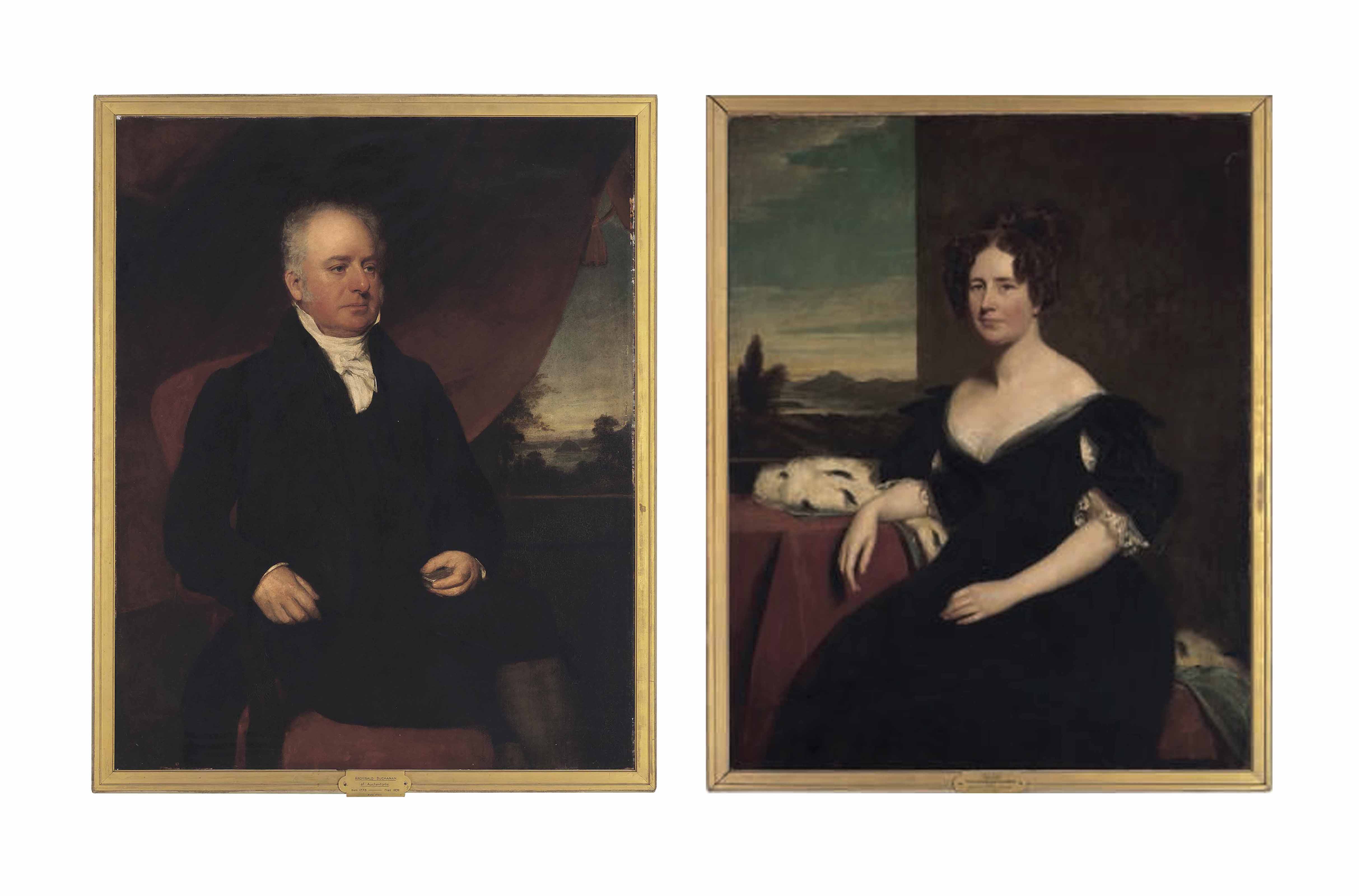 John Graham — Портрет Арчибальда Бьюкенена из Ошенторли (1773-1832), сидящего в три четверти роста, пейзаж за окном; и портрет его жены Мэри Лайон (1788-1868), дочери Ричарда Деннистауна из Келвингроува (1762-1834), сидящей в три четверти роста, в черном платье, облокотившейся на стол, пейзаж за окном. за пределами