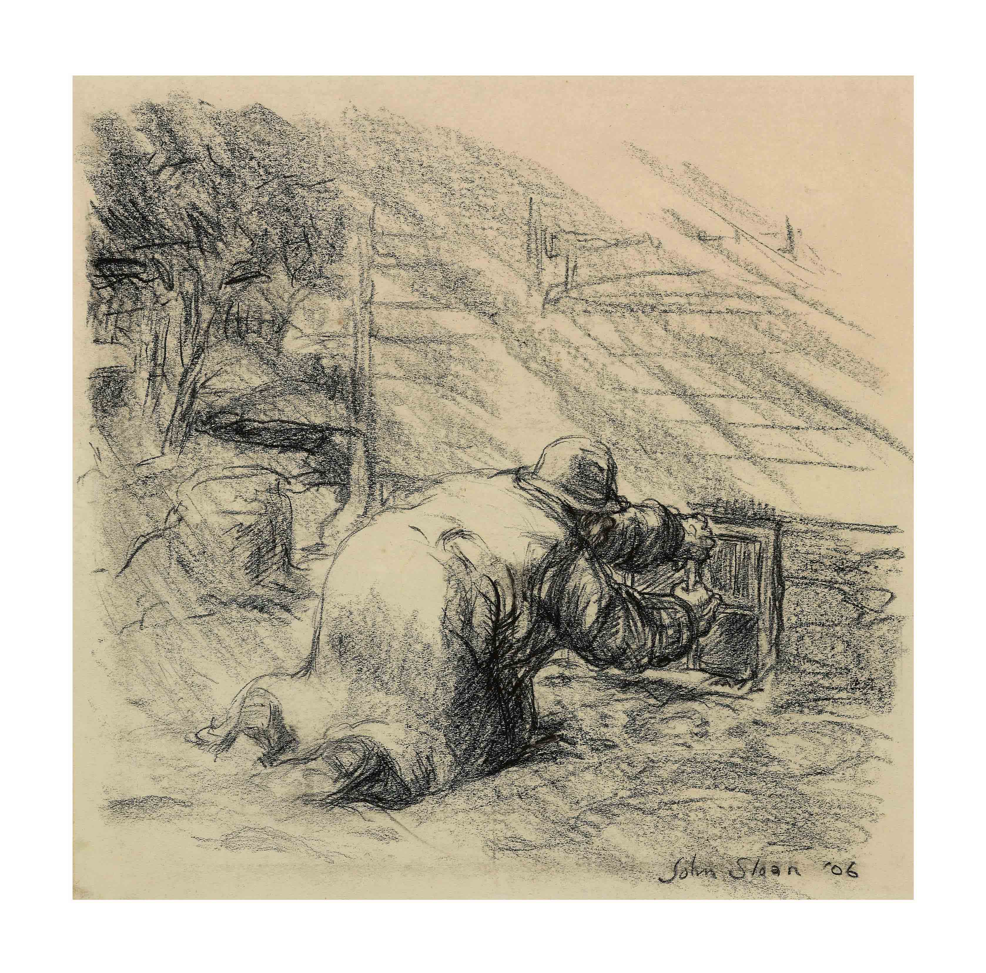 John Sloan — "О, радость моя! Он нашел гвоздь, торчащий из окна подвала"