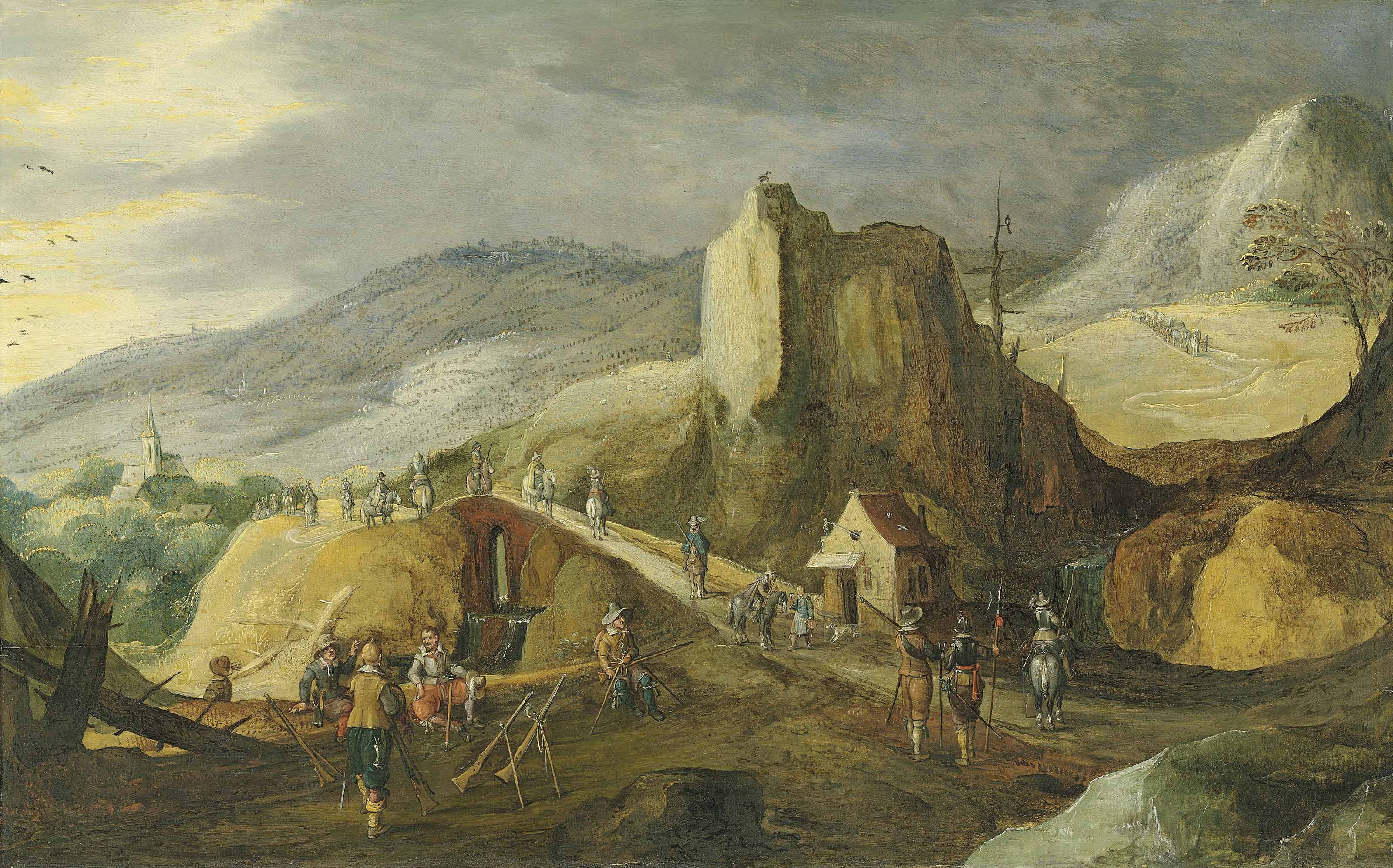 Joos De Momper — Горный пейзаж с солдатами, готовящимися к атаке у моста