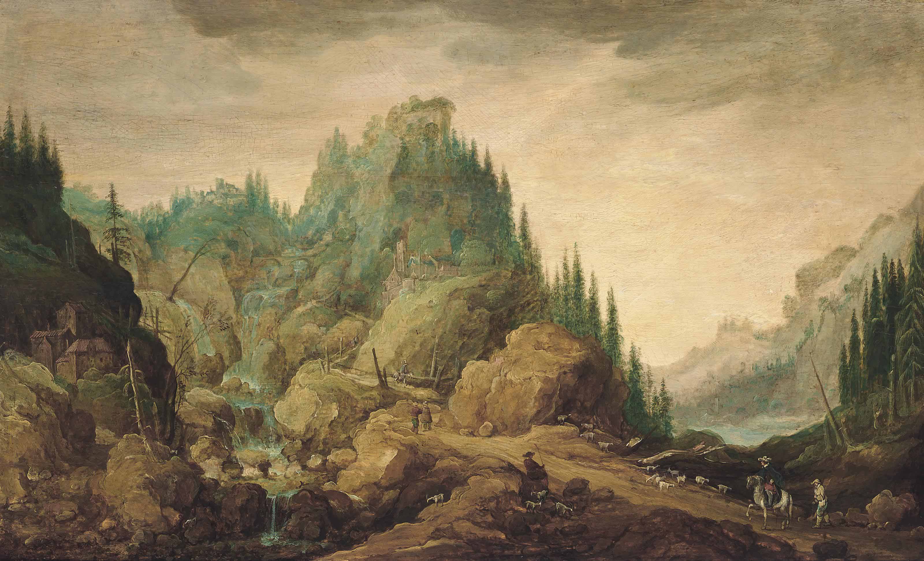 Joos De Momper — Горный лесистый речной пейзаж с водопадом и зданиями, фигурами, всадниками, пастухом и козами на тропинке