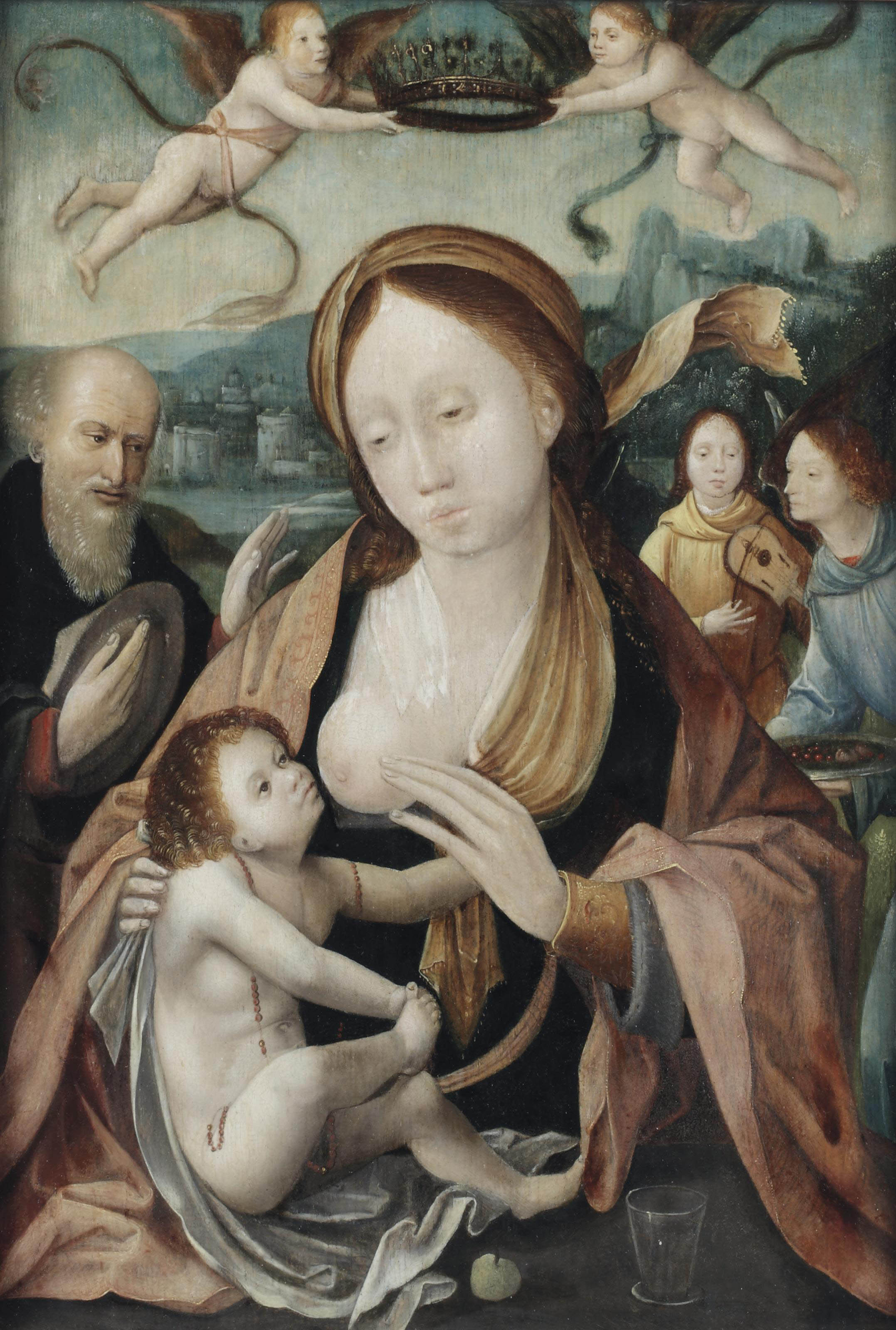 Joos Van Cleve — Пресвятая Дева Лактанция с Иосифом и четырьмя ангелами