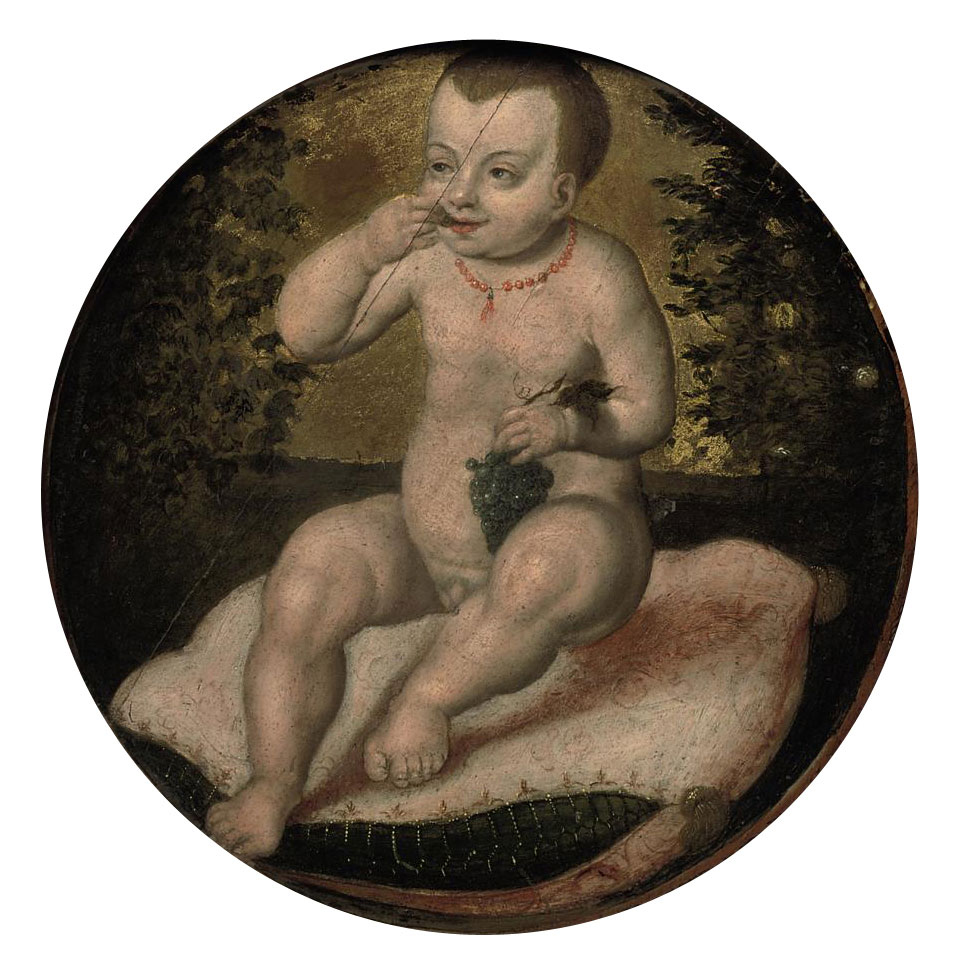 Joos Van Cleve — Младенец Христос, сидящий на красной бархатной подушке и поедающий виноград