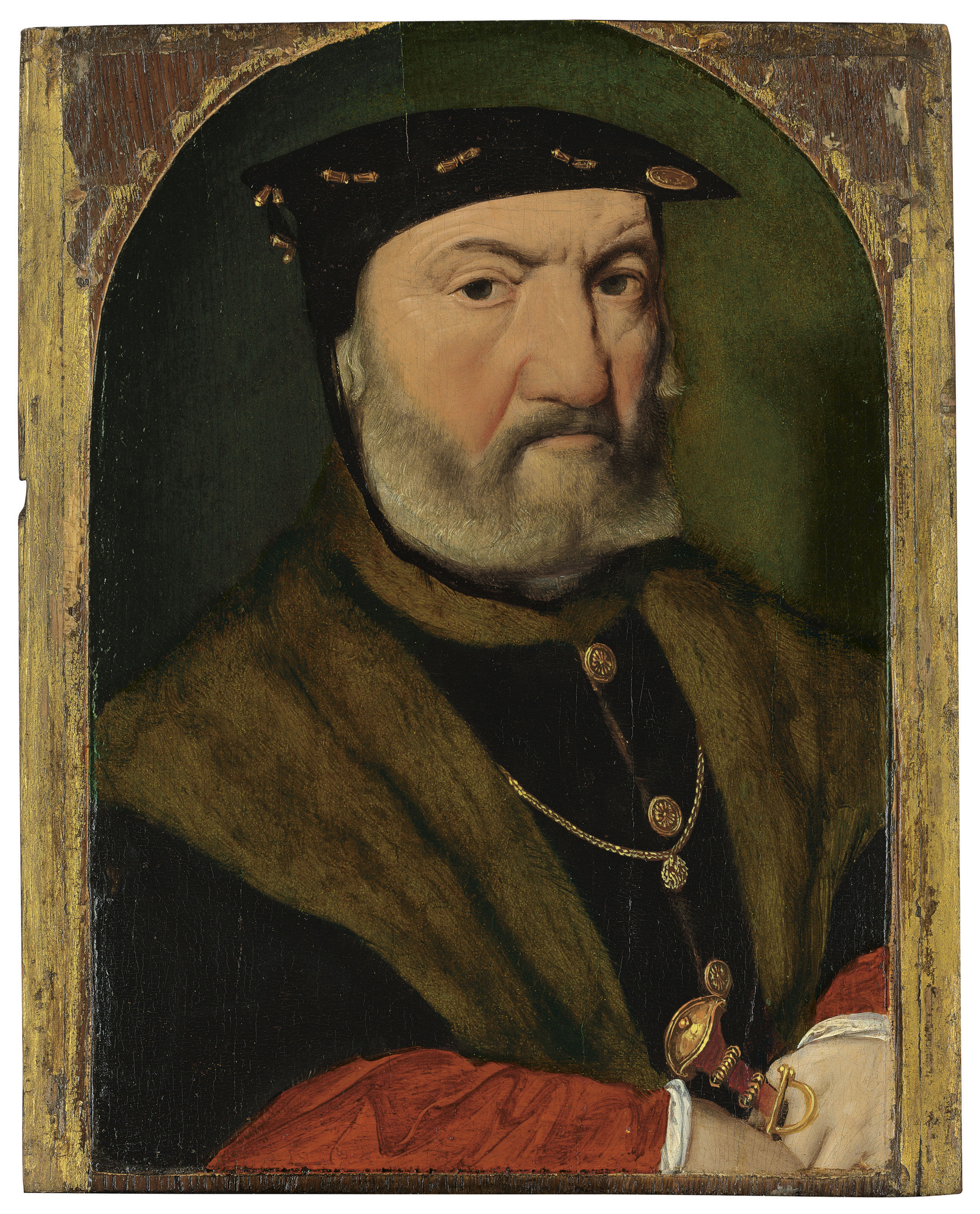 Joos Van Cleve — Портрет бородатого мужчины, ростом по грудь, в черном берете, пальто на меховой подкладке и малиновых нижних рукавах, с кинжалом в руке.