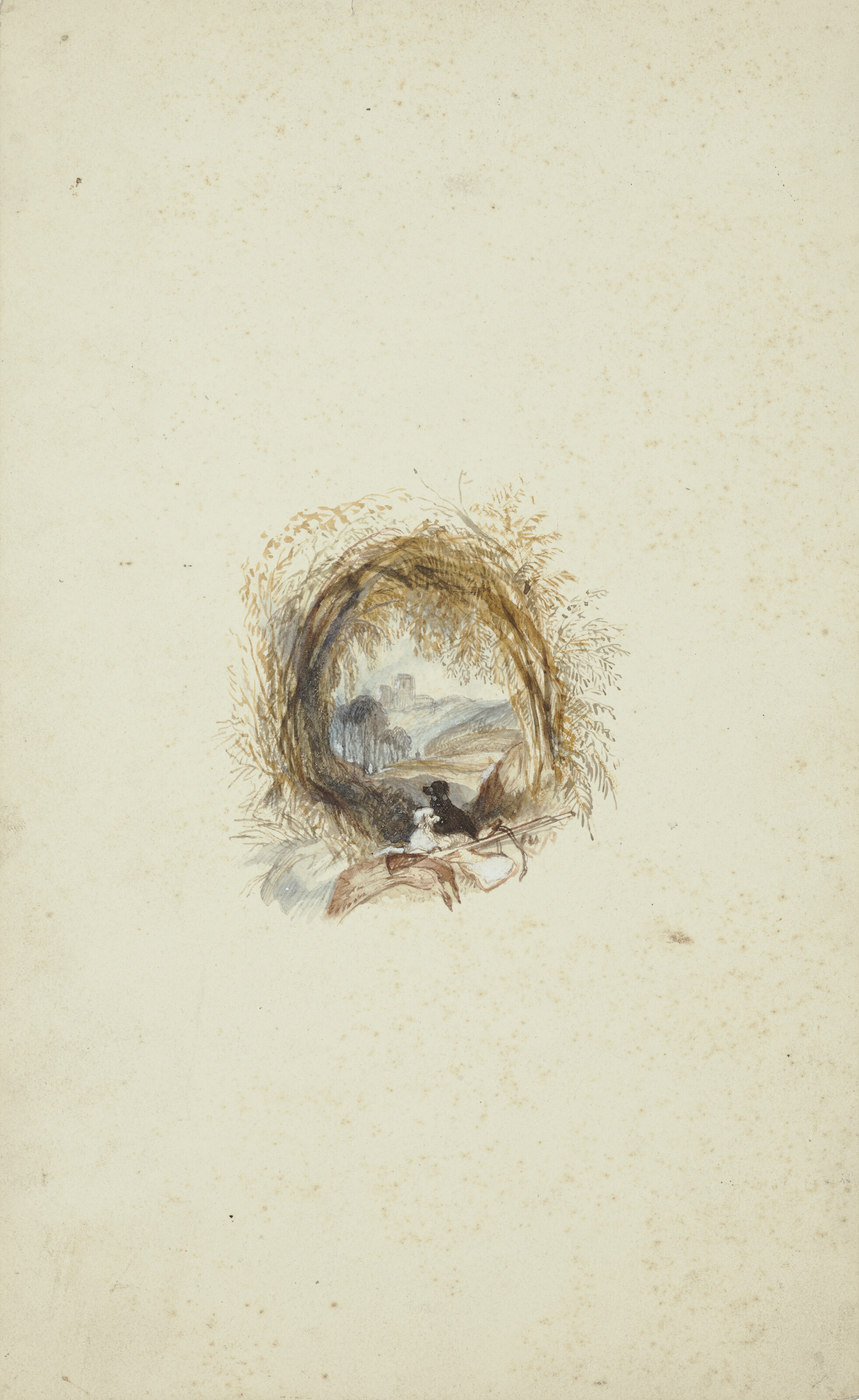 Joseph Mallord William Turner — Отдаленный вид на Ньюаркский замок: вдали на дороге стоит карета, а на переднем плане собаки, окруженные деревьями., изображение 2