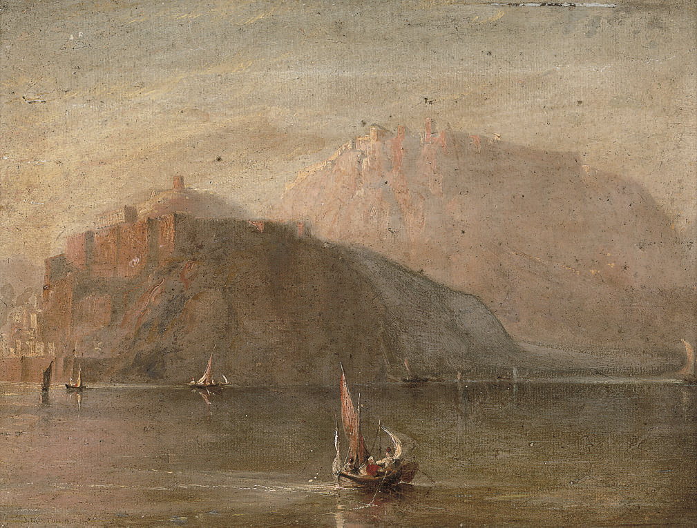 Joseph Mallord William Turner — Рыбацкие лодки на озере, укрепленное поселение на скалах за его пределами.
