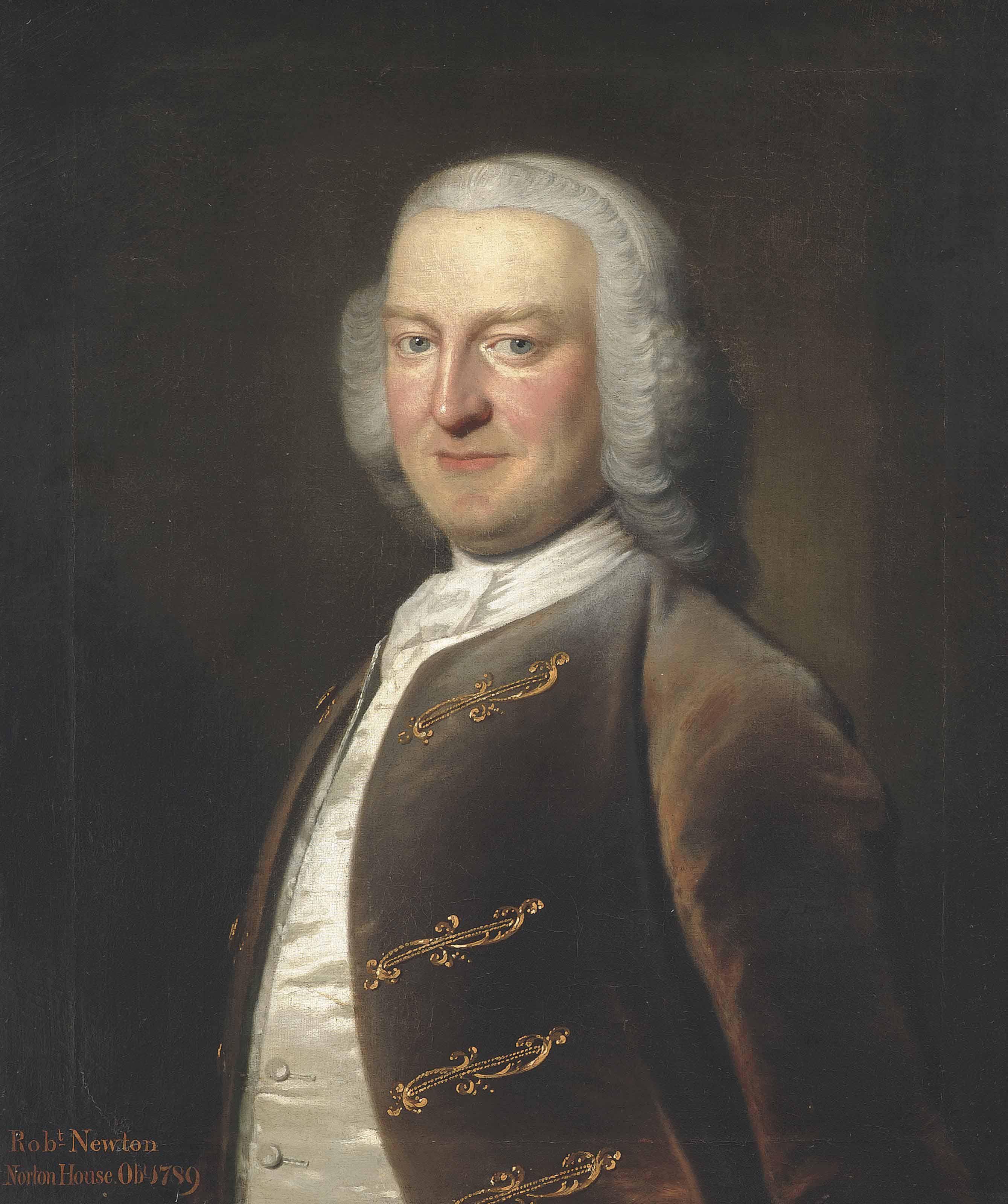 Joseph Wright Of Derby — Портрет Роберта Ньютона (1713-1789) Нортон-энд-Микловер, верховного шерифа Дербишира, в полный рост, в сером бархатном сюртуке и белом шелковом жилете, в форме овала.