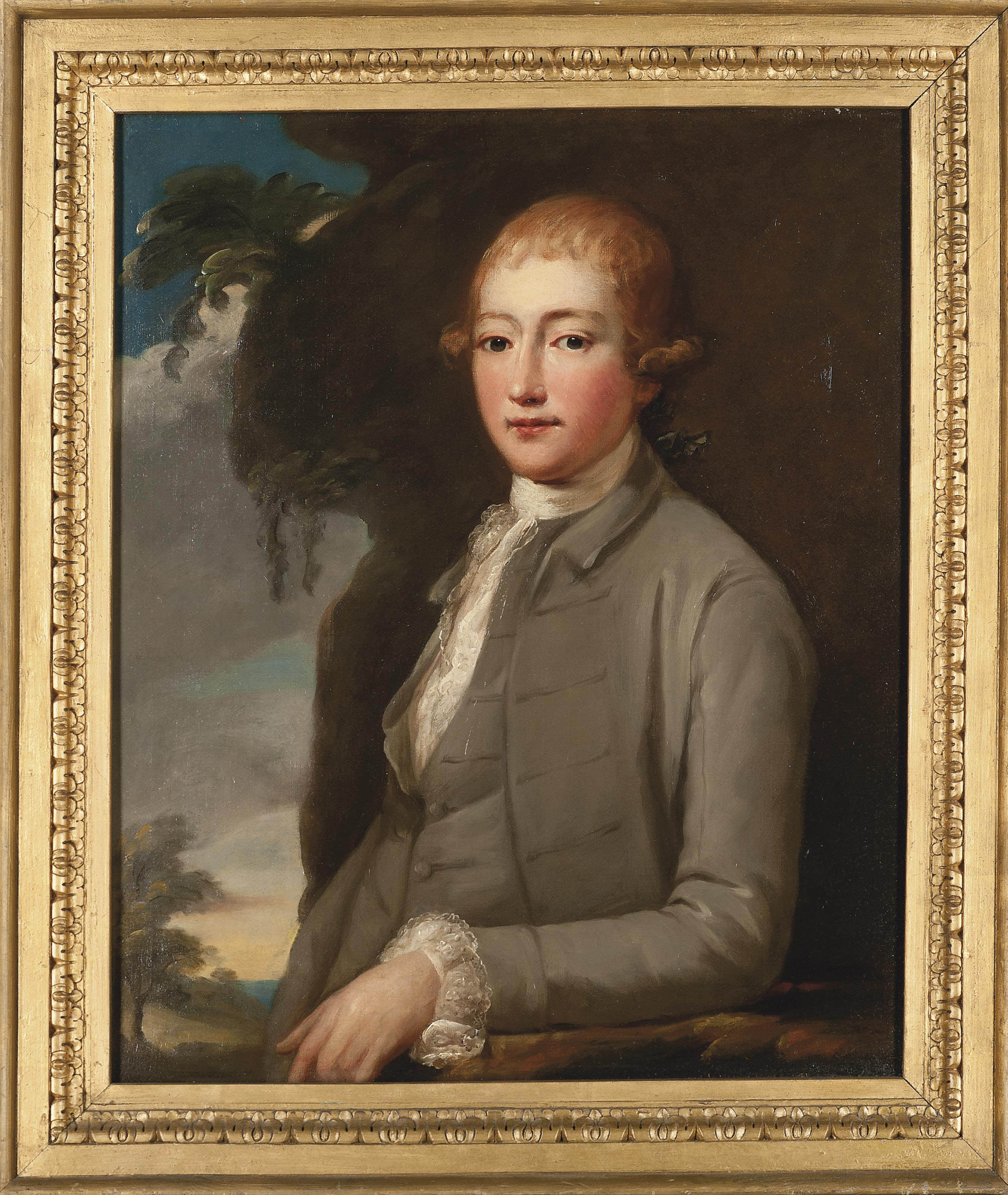 Joseph Wright Of Derby — Портрет Эдмунда Таунли (1714-1796) из Ройл-Холла, Бернли, в полный рост, в сером сюртуке и белом шарфе, на фоне пейзажа