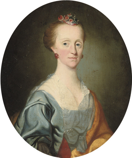 Joseph Wright Of Derby — Портрет дамы, около 1760 года, длиной до груди, в голубом платье и кружевной косынке, с желтой повязкой на голове и заколкой в цветочек