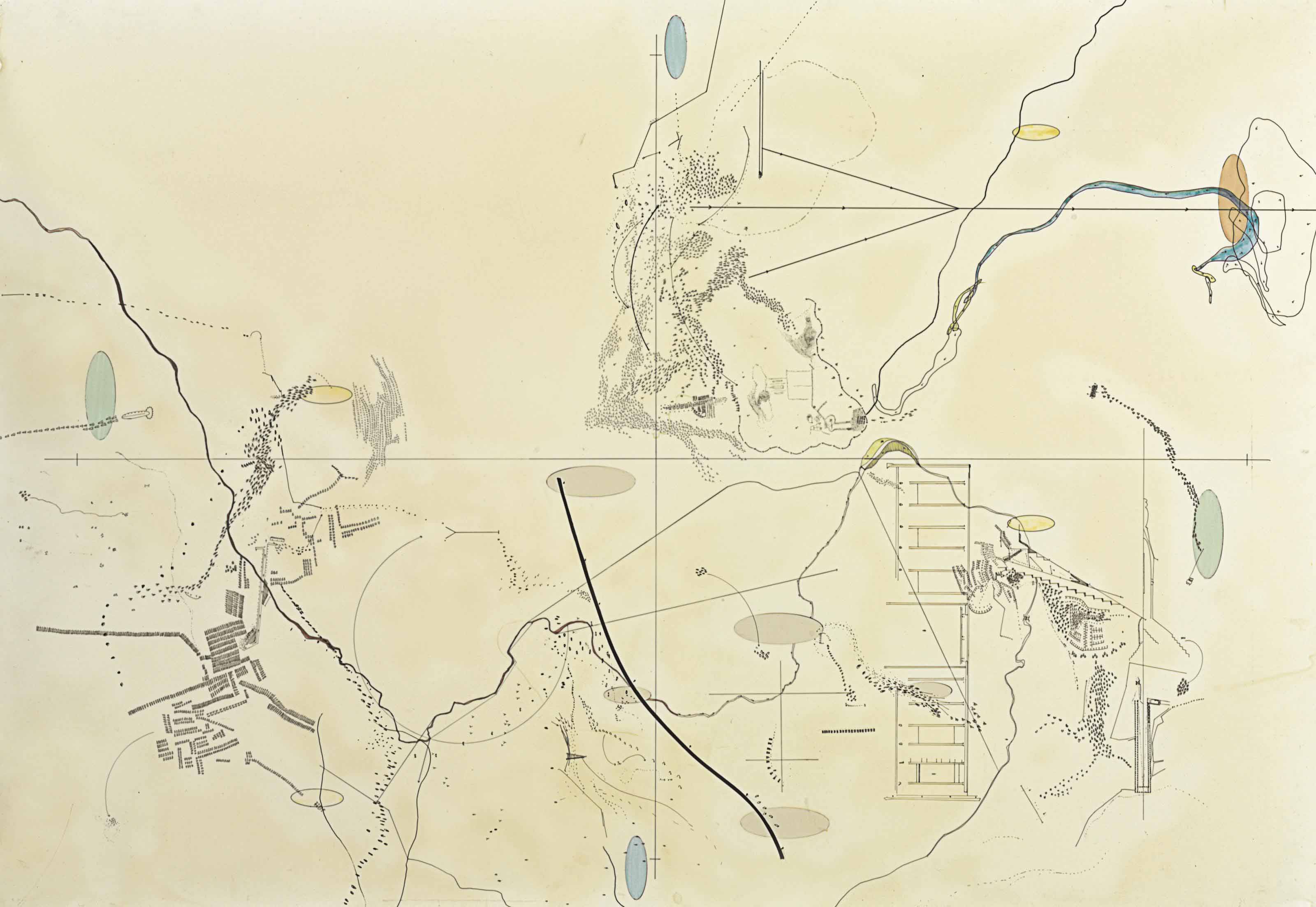 Julie Mehretu — Без названия (желтый с многоточиями)