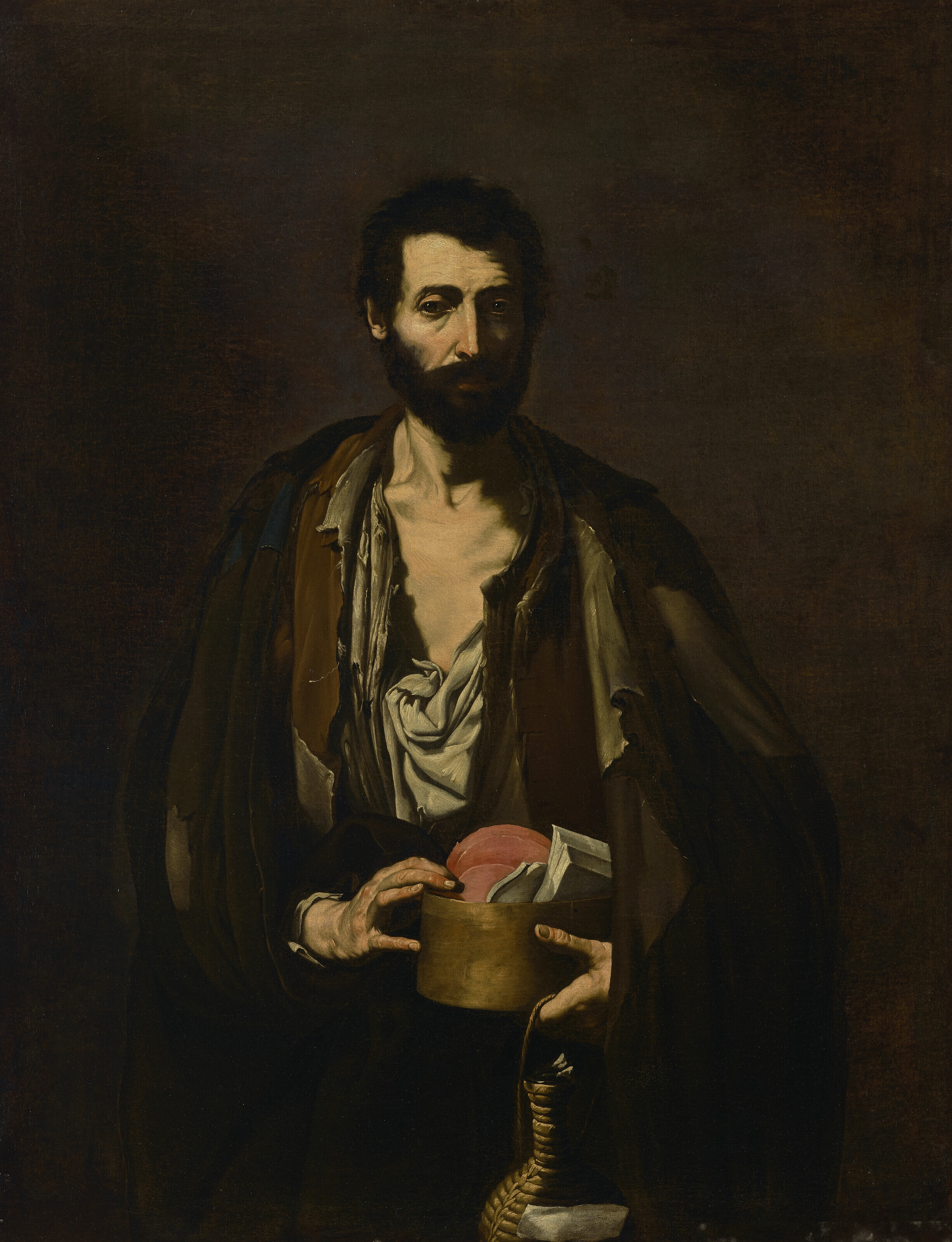 Jusepe de Ribera — Философ, невысокий, в рваной белой рубашке и коричневой куртке, с книгами и плетеной фляжкой в руках