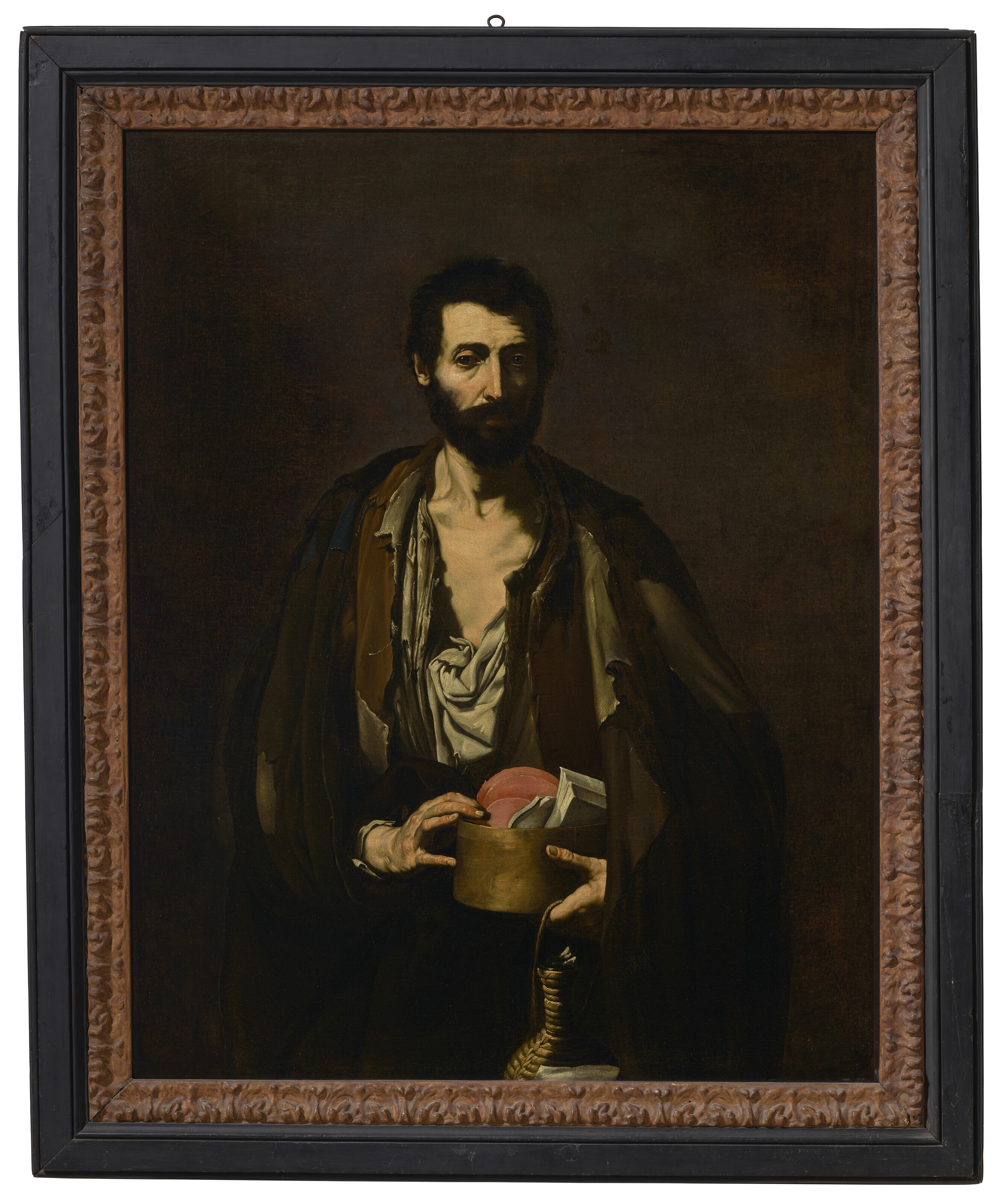 Jusepe de Ribera — Философ, невысокий, в рваной белой рубашке и коричневой куртке, с книгами и плетеной фляжкой в руках, изображение 2