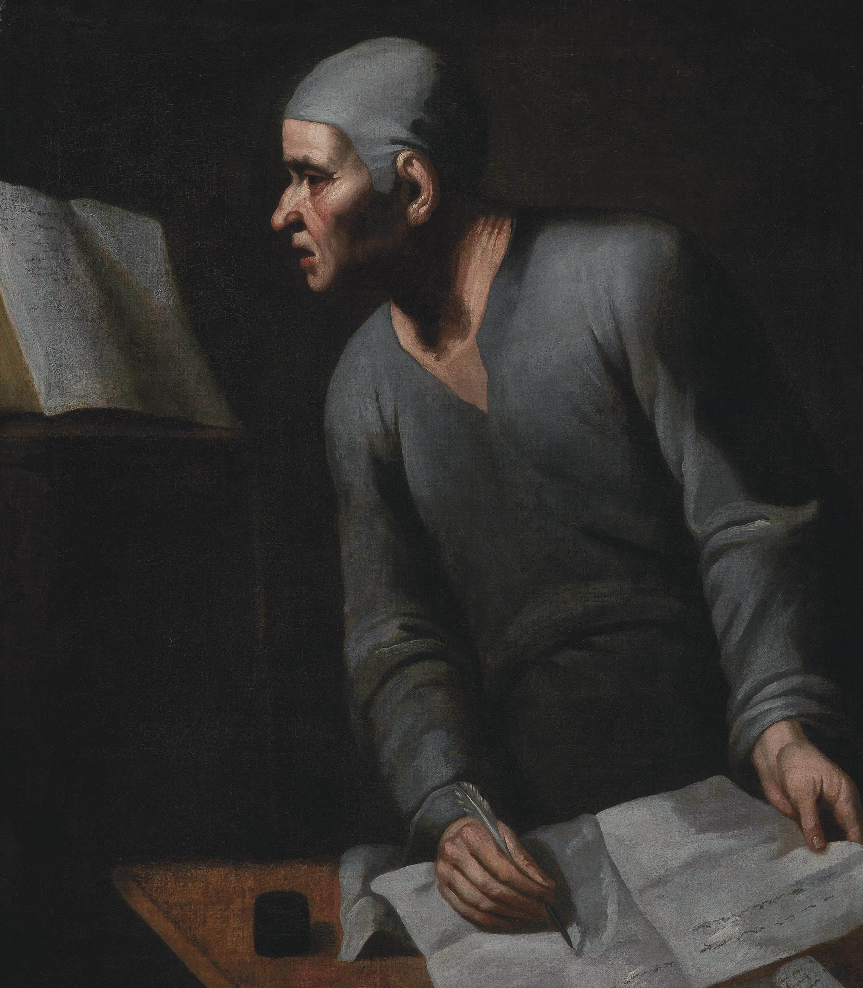 Jusepe de Ribera — Писатель за столом, с пером в правой руке, изучает рукопись