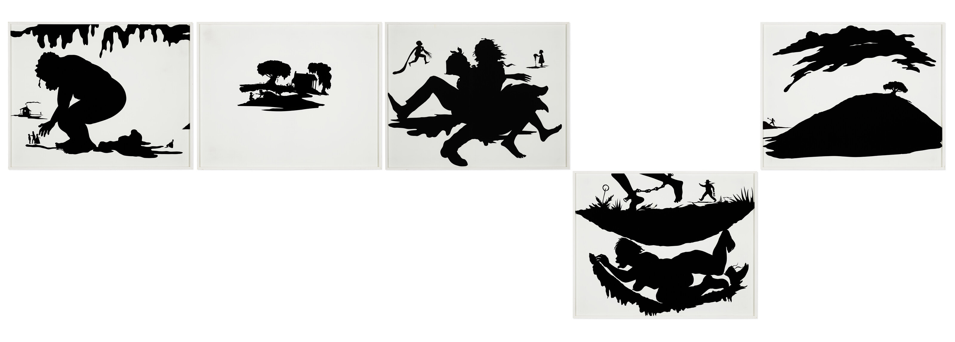Kara Walker — Живописный (Панель 1: Бродяга, Панель II: Нежное напоминание, Панель III: О Вас, Панель IV: Соучастие, Панель V: Наша гибель)