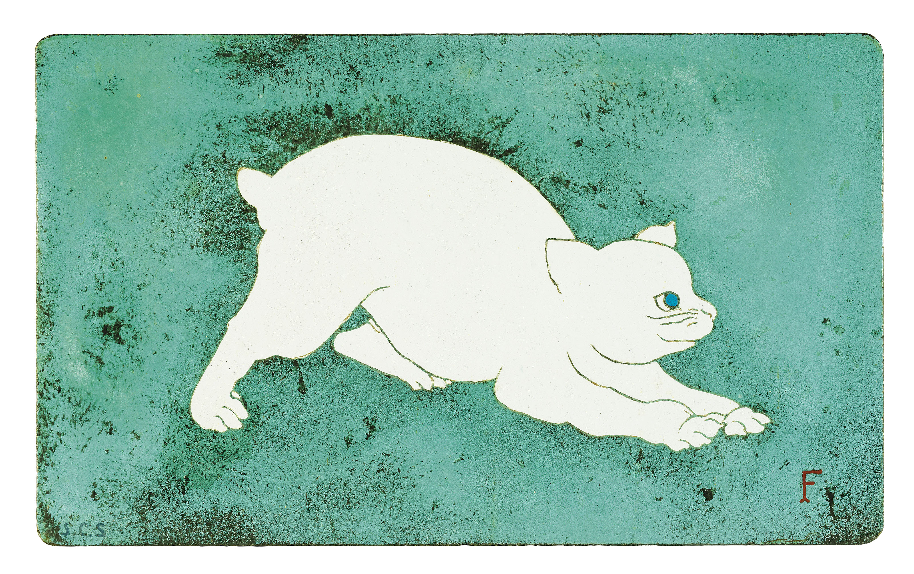 Léonard Tsuguharu Foujita — Белая кошка и котенок на голубом и золотом фоне, изображение 2