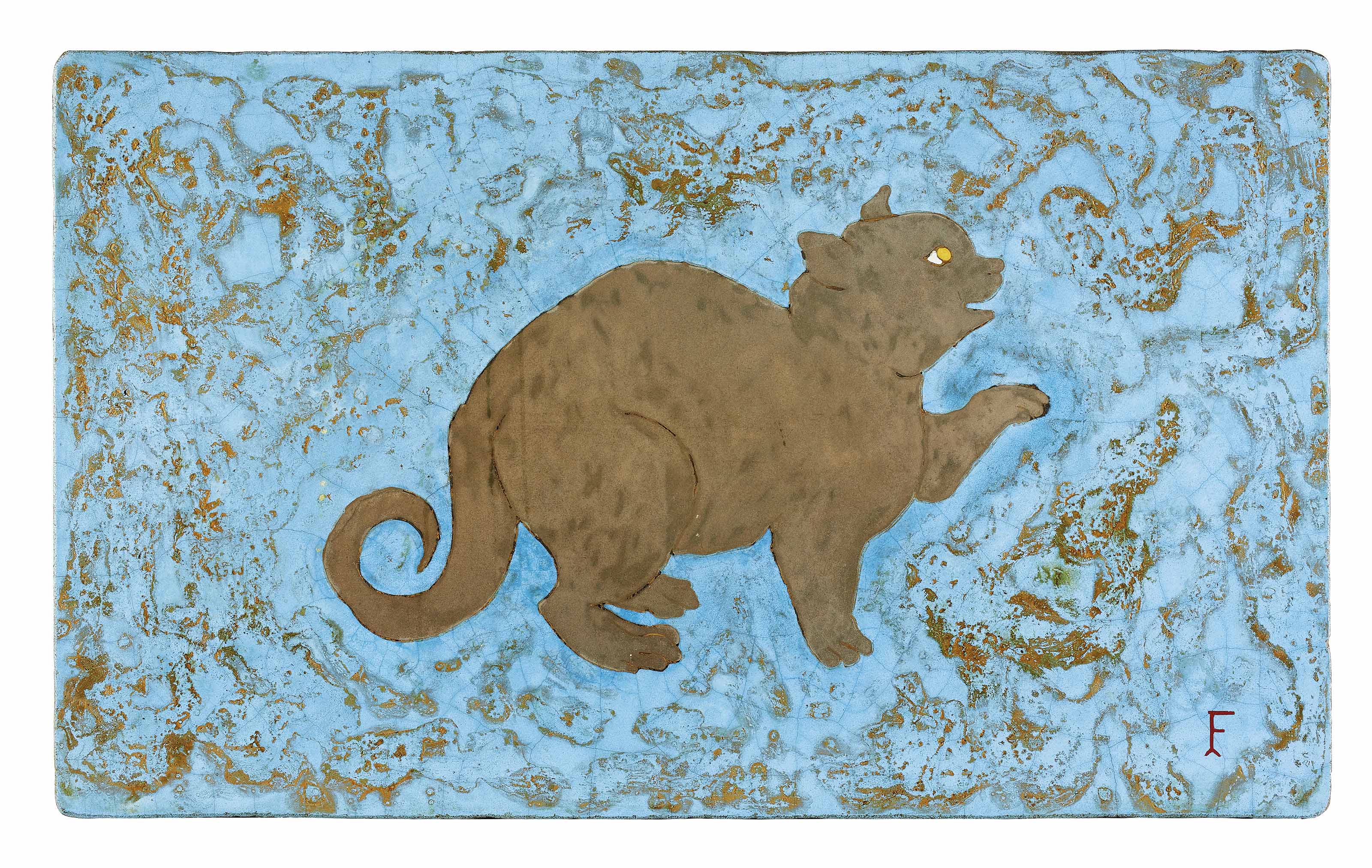 Léonard Tsuguharu Foujita — Белая кошка и котенок на голубом и золотом фоне, изображение 3