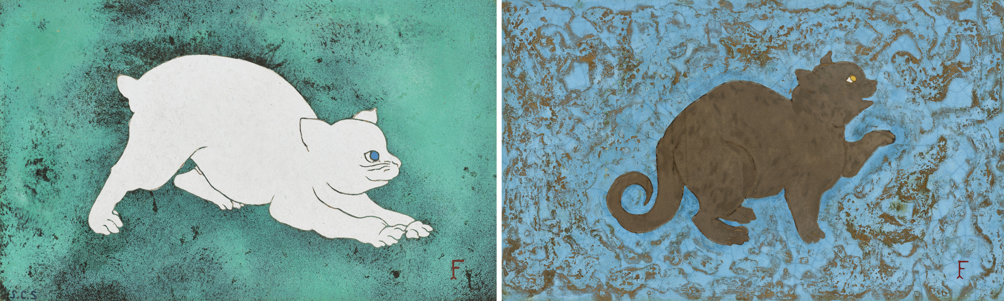 Léonard Tsuguharu Foujita — Белая кошка и котенок на голубом и золотом фоне