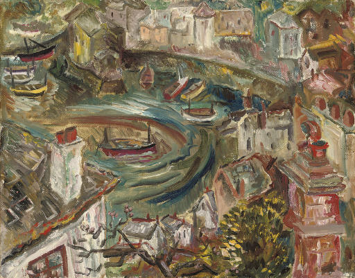 Leonora Carrington — Рыбацкие лодки в гавани, фигуры в переулке и два летних пейзажа