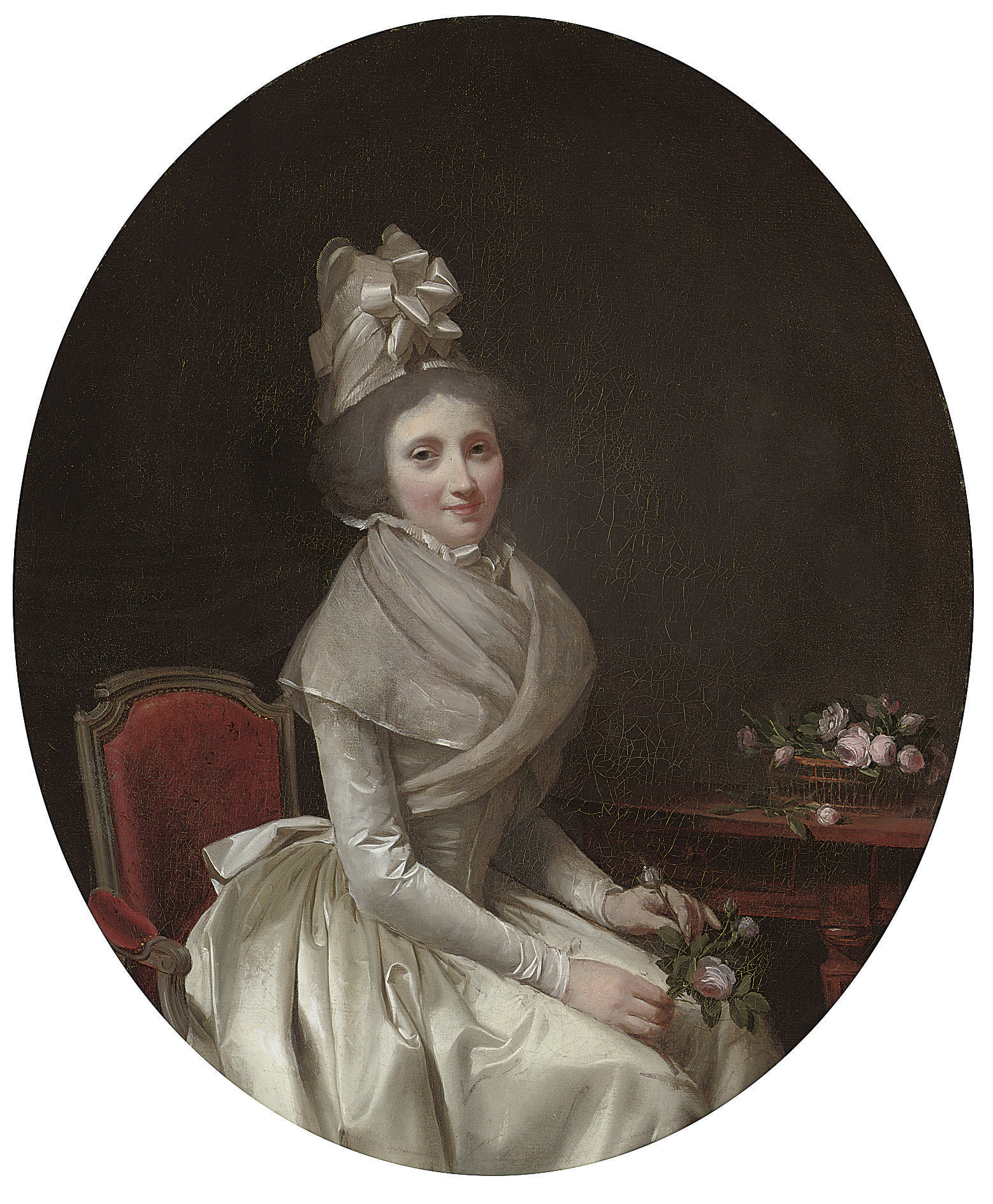 Louis Leopold Boilly — Портрет сидящей дамы в три четверти роста, в белом платье, с розовой розой в левой руке