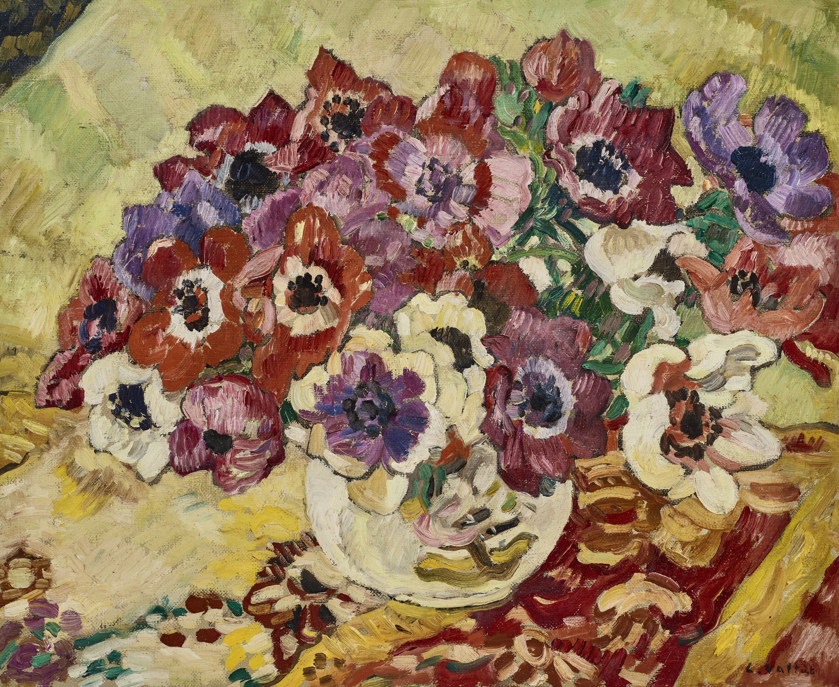 Louis Valtat — Букет из анемонов в вазе в виде сердца, окруженного желтым