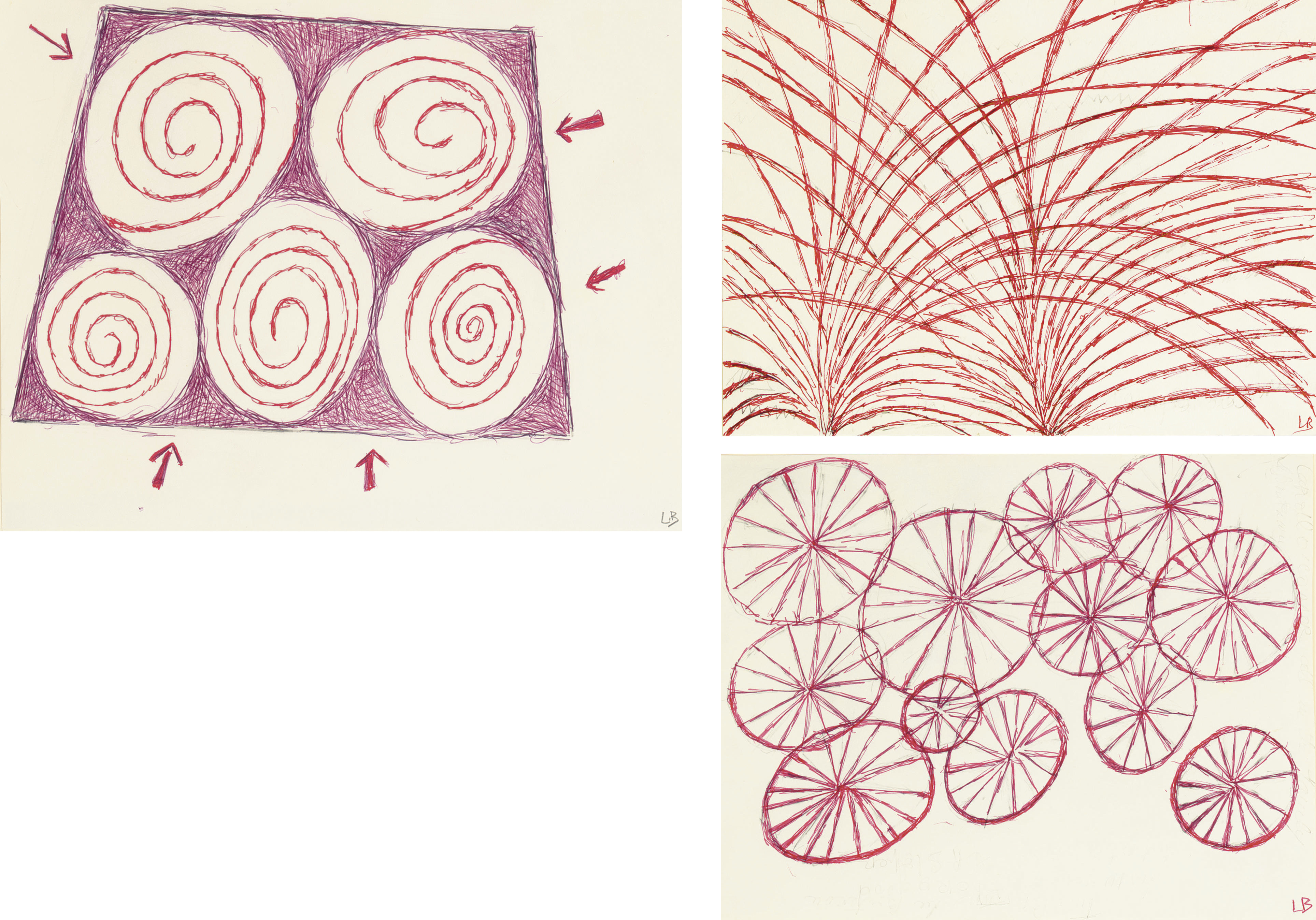 Louise Bourgeois — "Ле Пере, Ля мерэ и трое детей", подписанная инициалами "LB" (внизу справа); надпись, название и дата "Ле Пере, Ля мерэ и трое детей, апрель 11/98, Серия книг о том, как автор не поддается атаке и сопротивляется флешу" (на обороте) размером 9 x 11½ дюйма. (22,8 х 29,2 см) бумага, выполненная чернилами и графитом в 1998 году. Без названия, подписано инициалами "LB" (внизу справа); надпись и дата "20.07.98" (на обороте) чернилами и графитом на бумаге размером 9 x 11½ дюйма (22,8 x 29,8 см). Нарисовано в 1998 году. Подпись Тимоти - инициалы "LB" (внизу справа); подпись "Timothy" (на обороте) чернилами и графитом на бумаге размером 9 х 11½ дюйма (22,8 х 29,8 см). Составлен в 1998 году. (3)