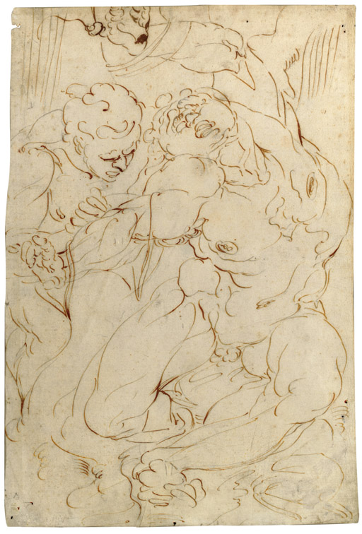 Luca Cambiaso — КАМБЬЯСО, Лука (1527-1585), автор. "Снятие шкуры Аполлоном с Марсия". (Около 1550). Рисунок желчными чернилами, следы графита. 15 7/8 x 10 1/2 дюймов. Обрамленный.