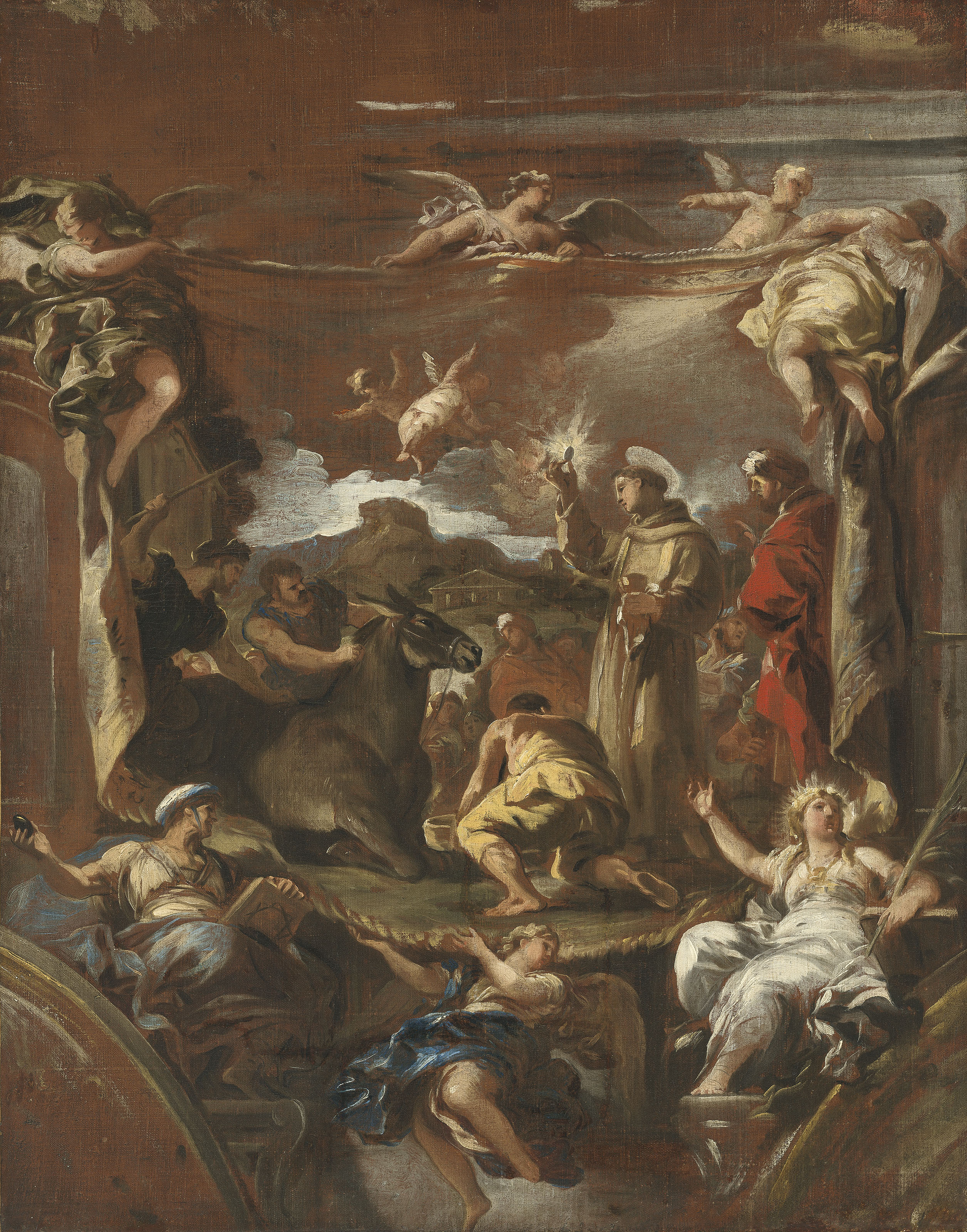 Luca Giordano — Святой Антоний Падуанский и мул неверующего, поклоняющийся таинству