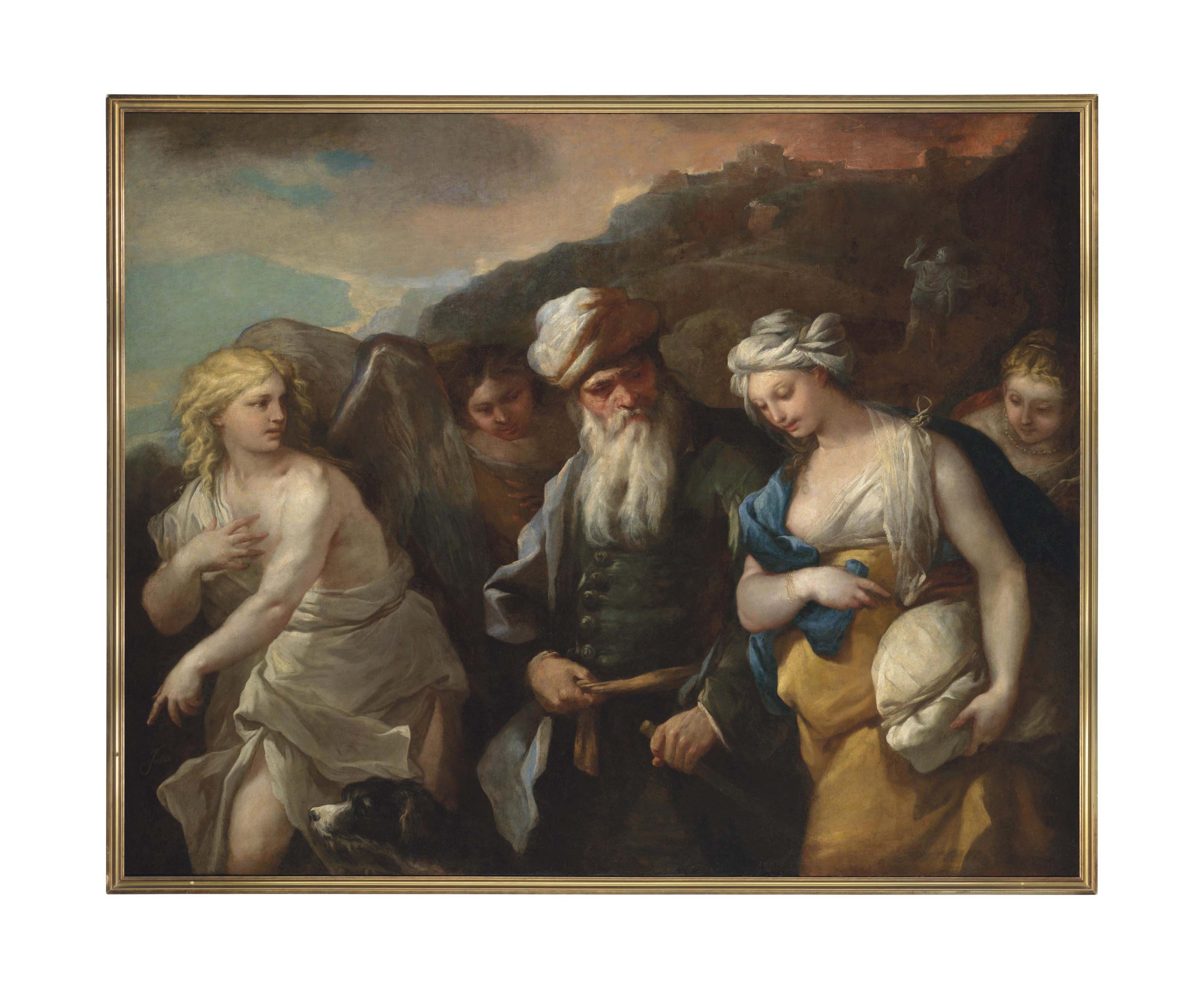 Luca Giordano — Лот и его дочери с двумя ангелами, за которыми виден горящий город Содом.