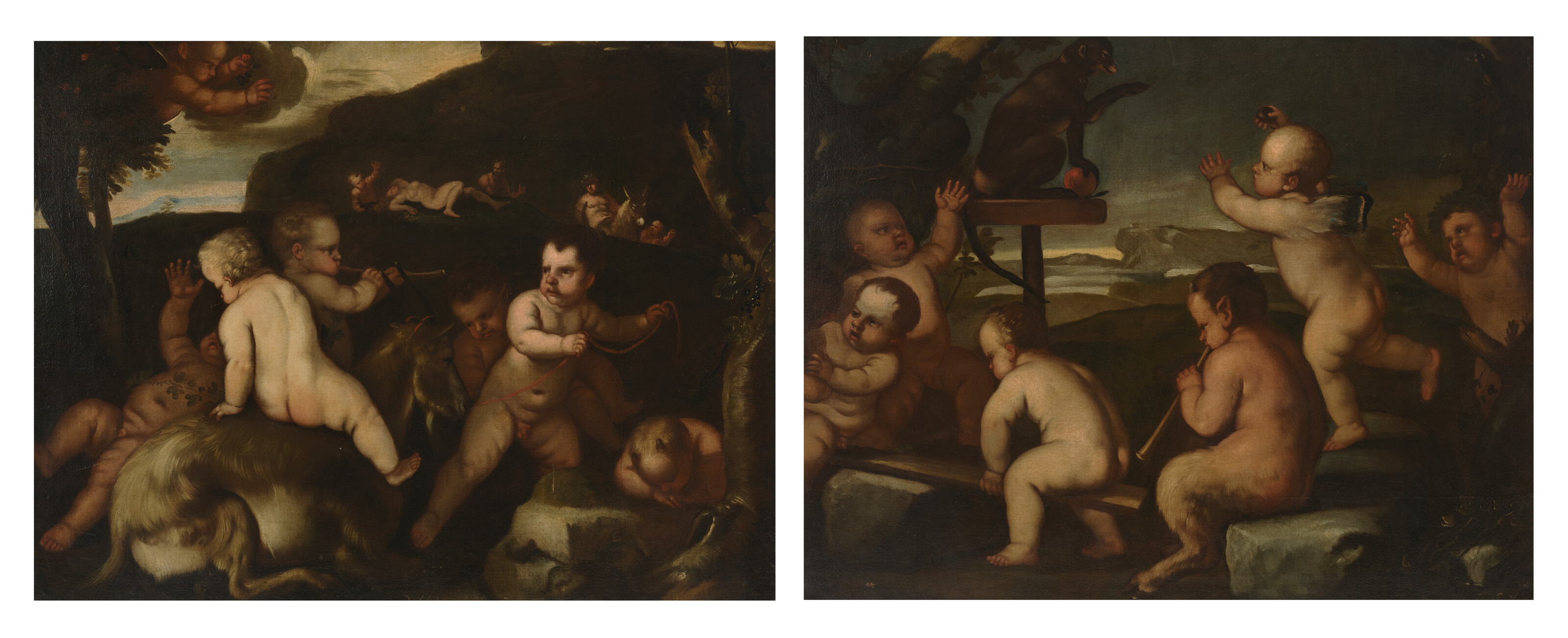 Luca Giordano — Вакханалия с Бахусом и Ариадной на заднем плане; и вакханалия с путти и обезьяной