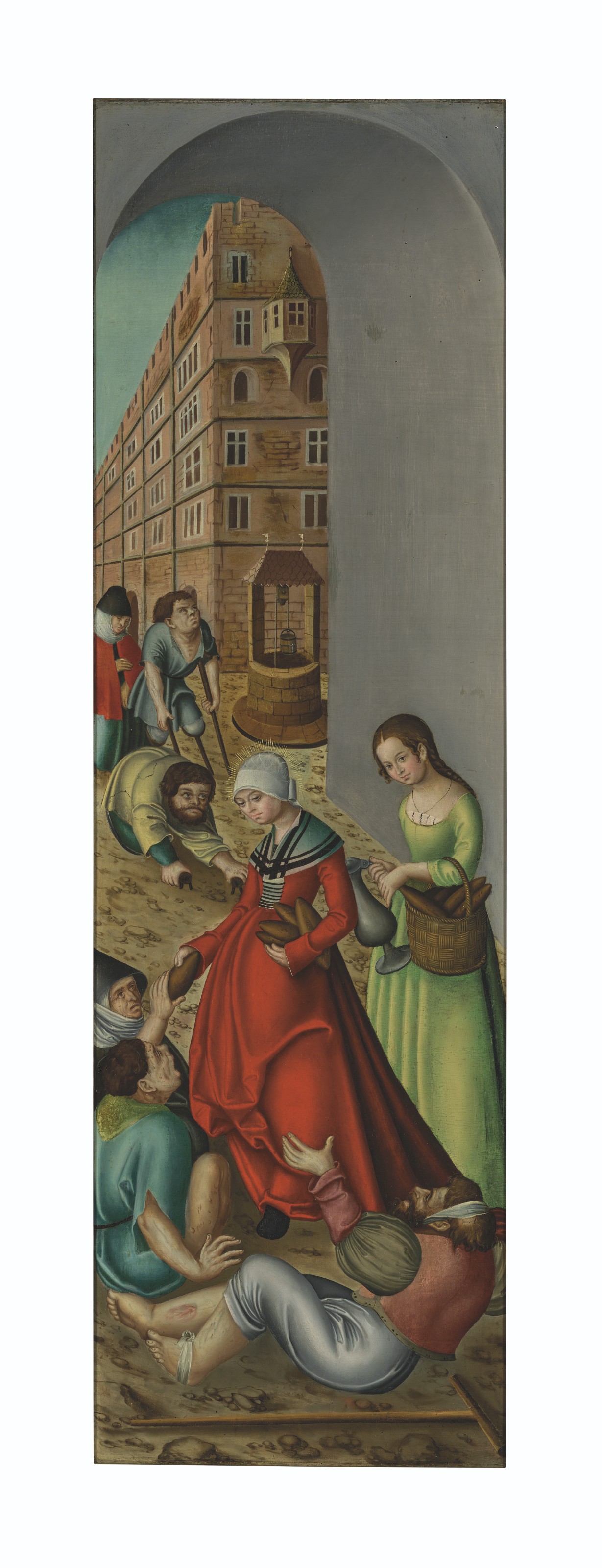 Lucas Cranach the Elder — Триптих: центральная панель: Христос среди врачей; крылья: Умножение хлебов и рыбы; и Свадьба в Кане; внешние грани: Святая Елизавета Тюрингская, раздающая милостыню; и Рождество Христово., изображение 7