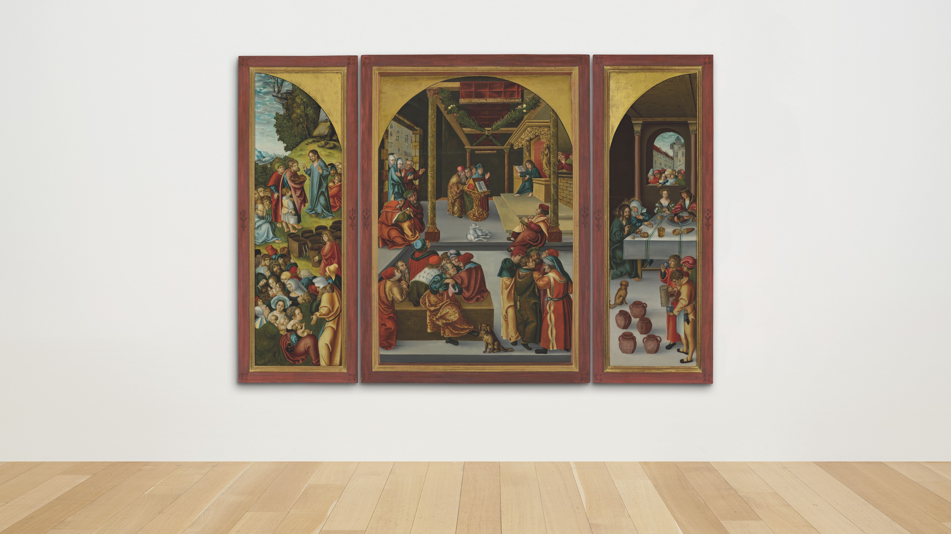 Lucas Cranach the Elder — Триптих: центральная панель: Христос среди врачей; крылья: Умножение хлебов и рыбы; и Свадьба в Кане; внешние грани: Святая Елизавета Тюрингская, раздающая милостыню; и Рождество Христово., изображение 8