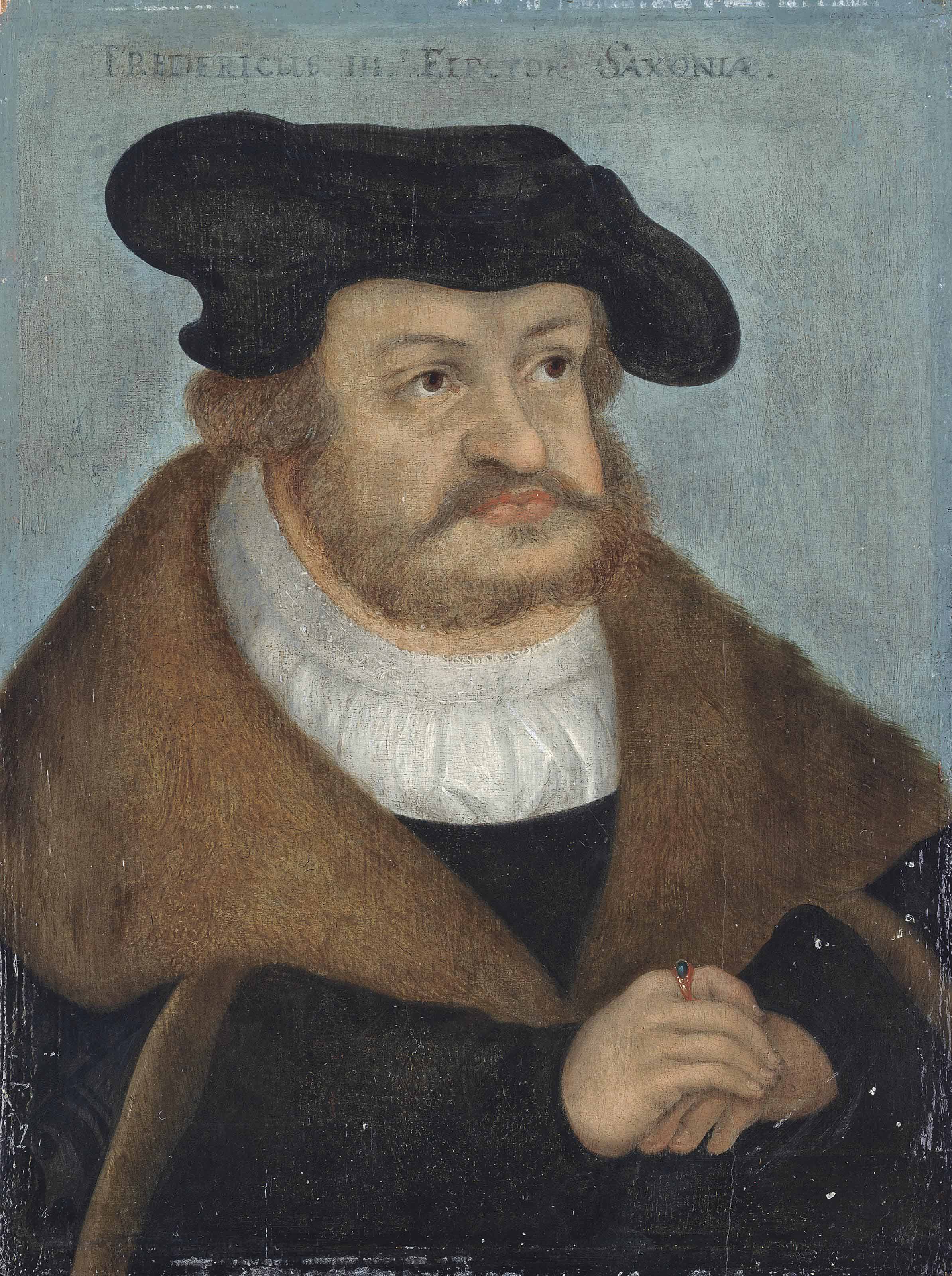 Lucas Cranach the Elder — Портрет Фридриха III (1463-1525) Мудрого, курфюрста Саксонии, во весь рост, в белой рубашке, пальто на меховой подкладке и черной шляпе