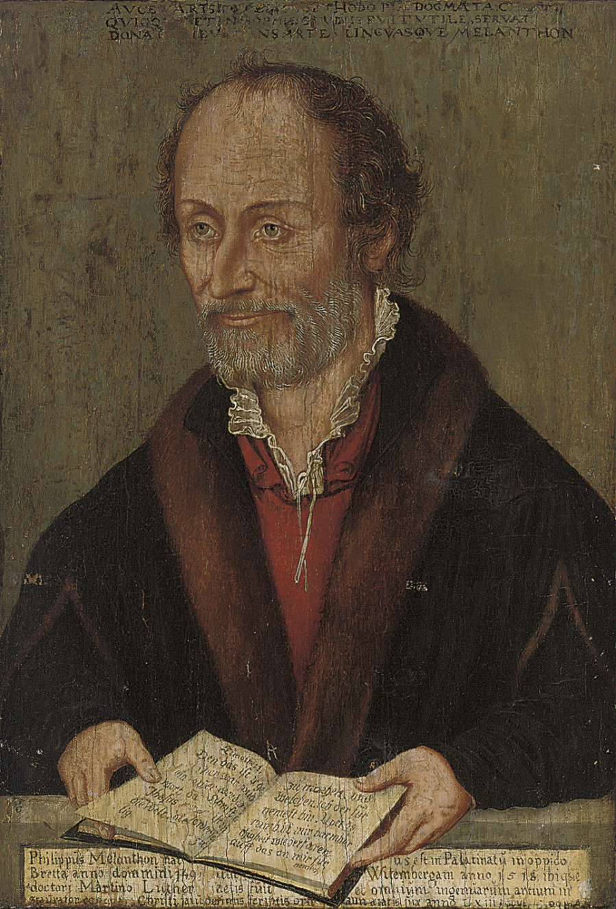 Lucas Cranach the Elder — Портрет Филиппа Меланхтона (1497-1560), в полный рост, в черном плаще с меховой оторочкой, с книгой в руках