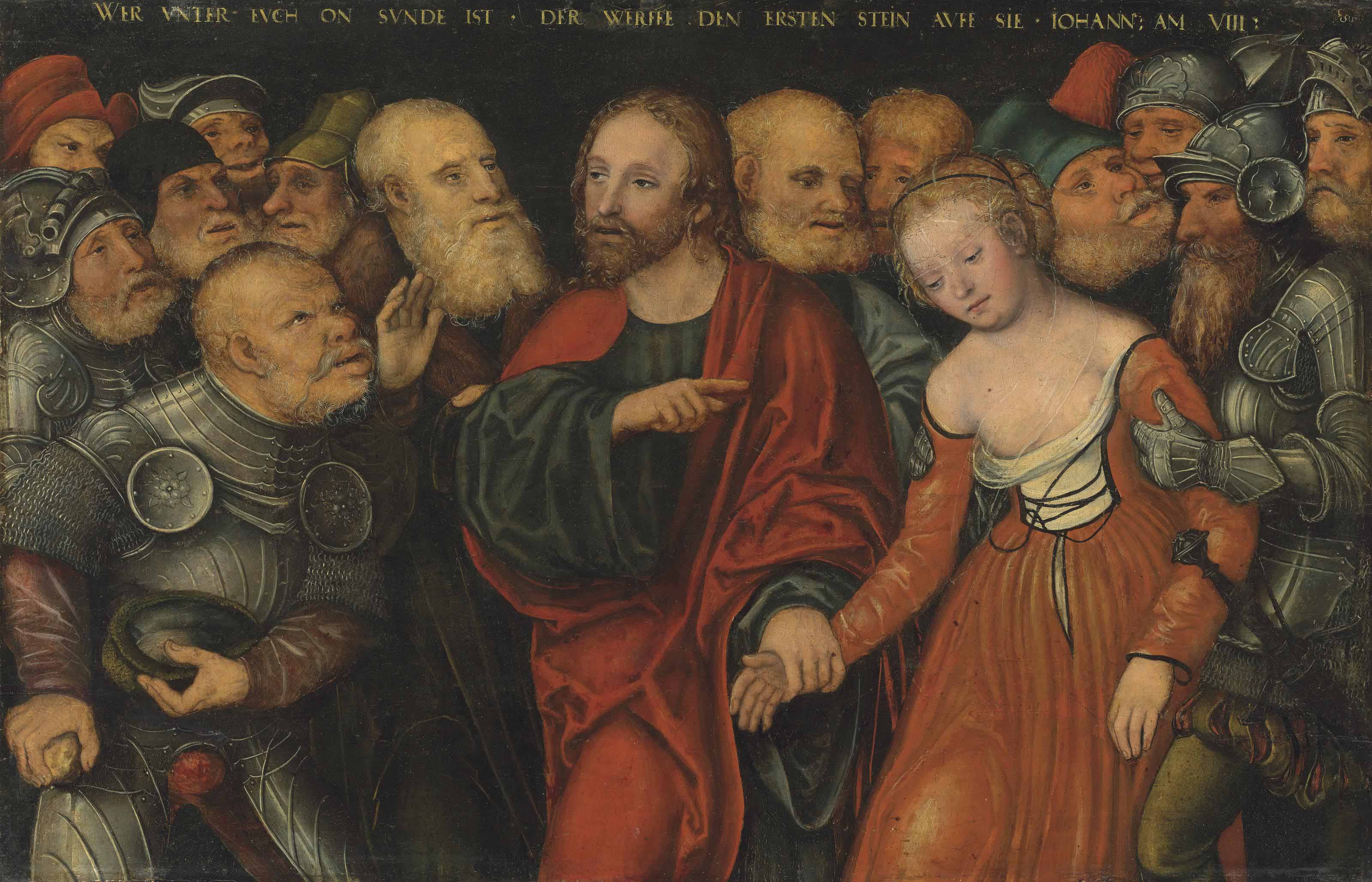 Lucas Cranach The Younger — Христос и женщина, уличенная в прелюбодеянии
