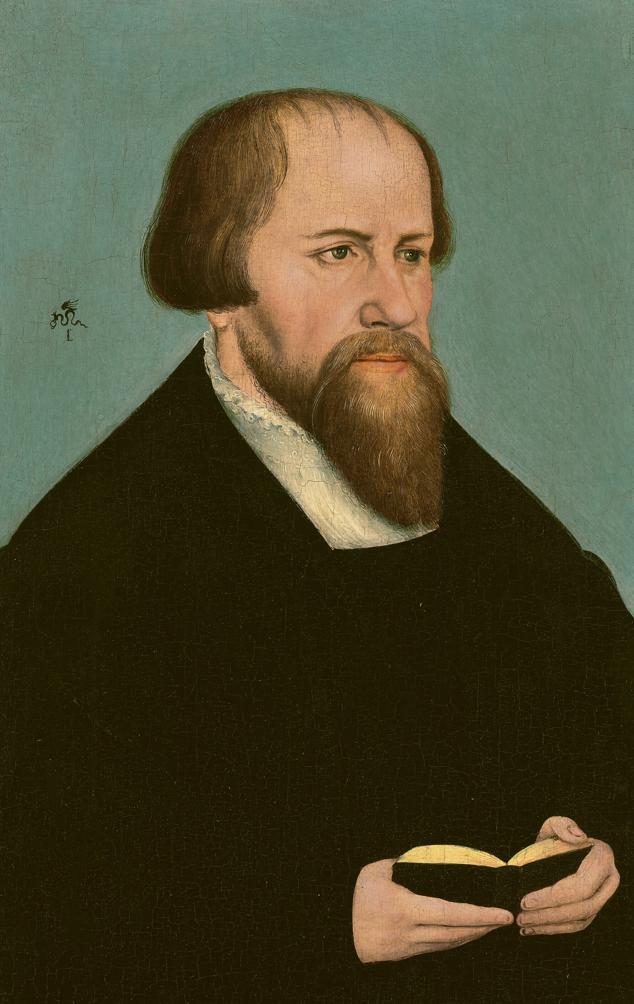 Lucas Cranach The Younger — Портрет Каспара Круцигера (1504-1548), во весь рост, с книгой в руках