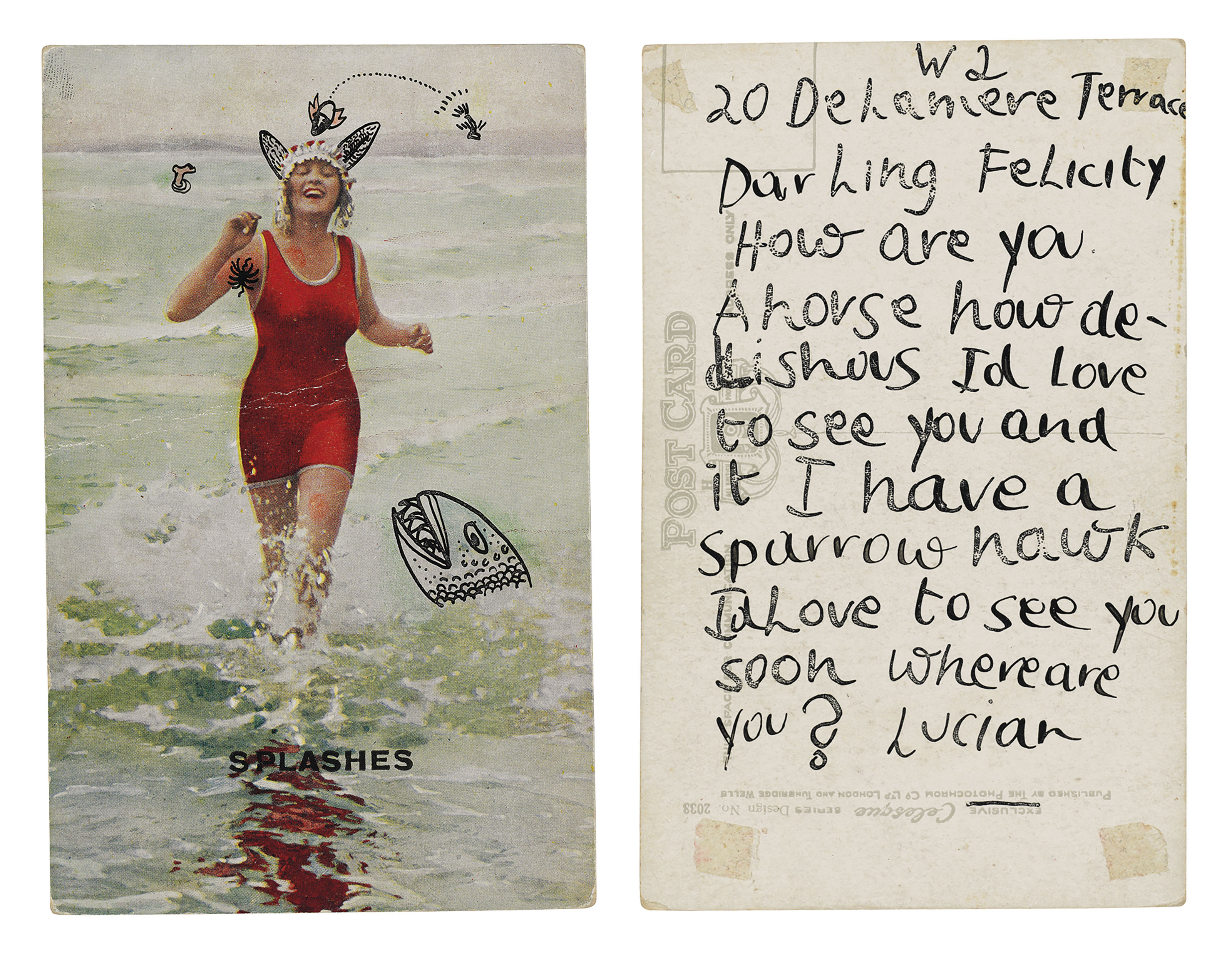 Lucian Freud — Тайник с семью открытками, адресованными Фелисити Хеллаби, одна из которых с нарисованными от руки иллюстрациями, изображение 2