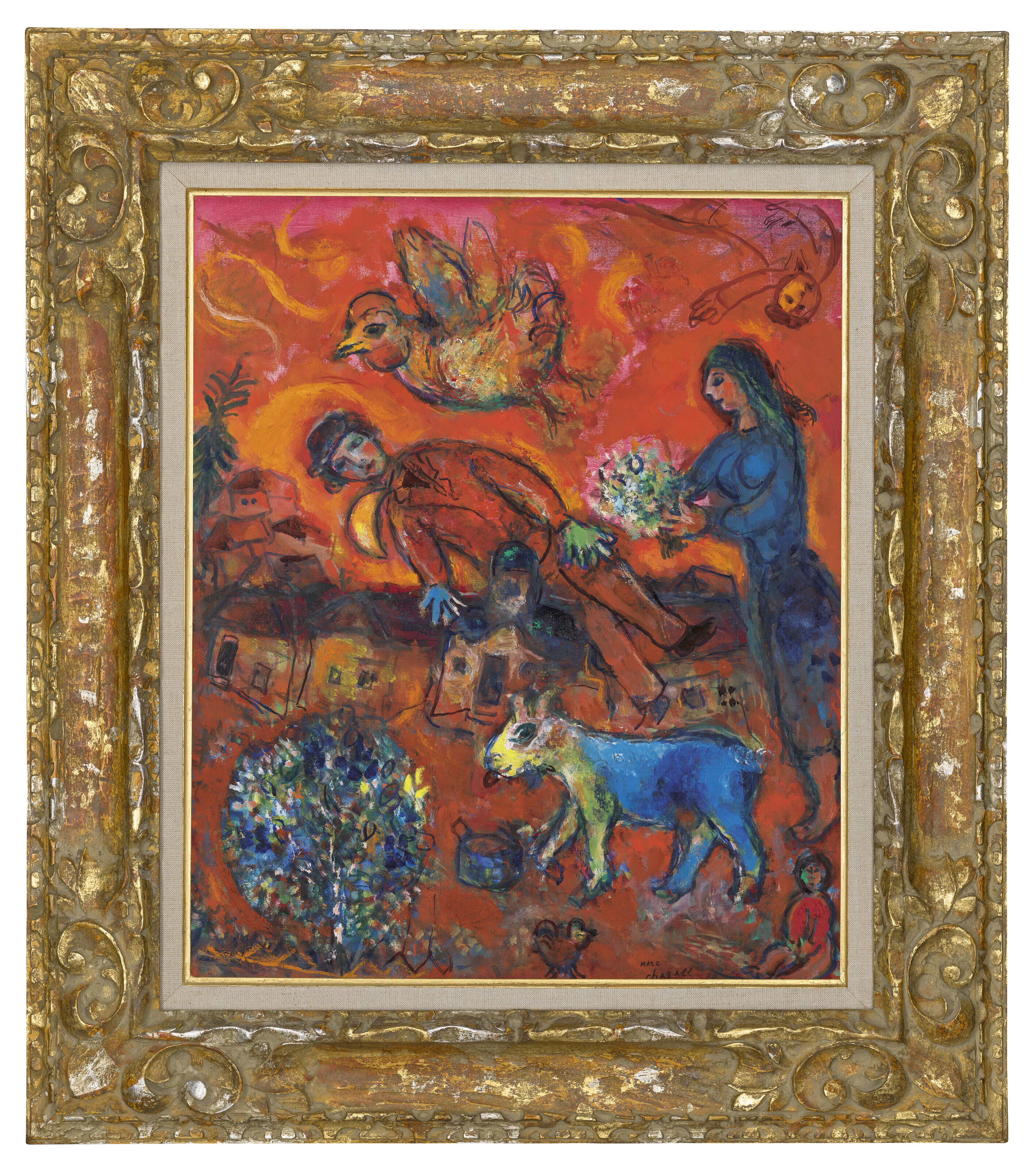Marc Chagall — Любовь в деревне на фоне красного фон-ружа, изображение 2