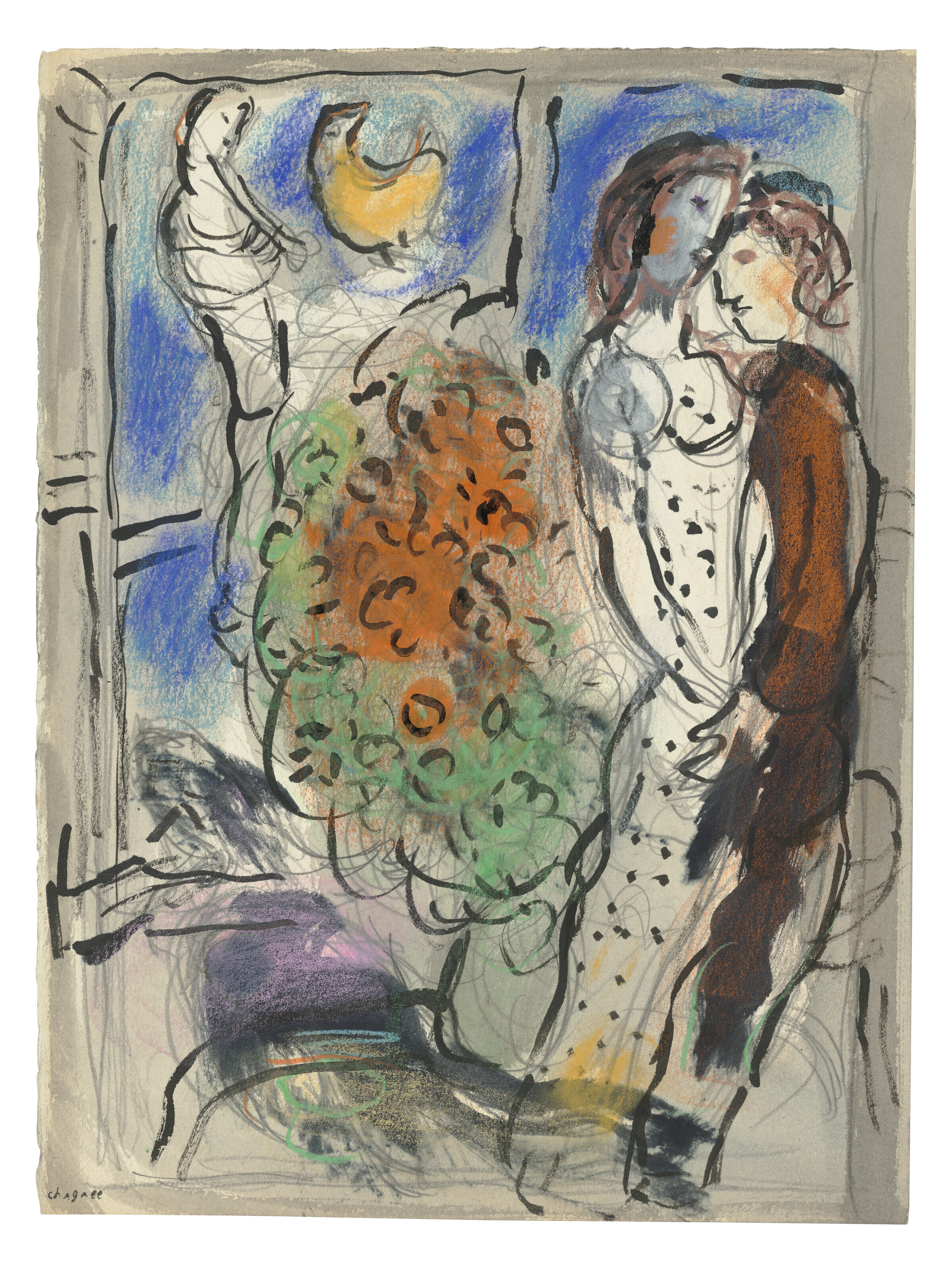 Marc Chagall — Любовь и букет, открывающиеся перед голубым светом