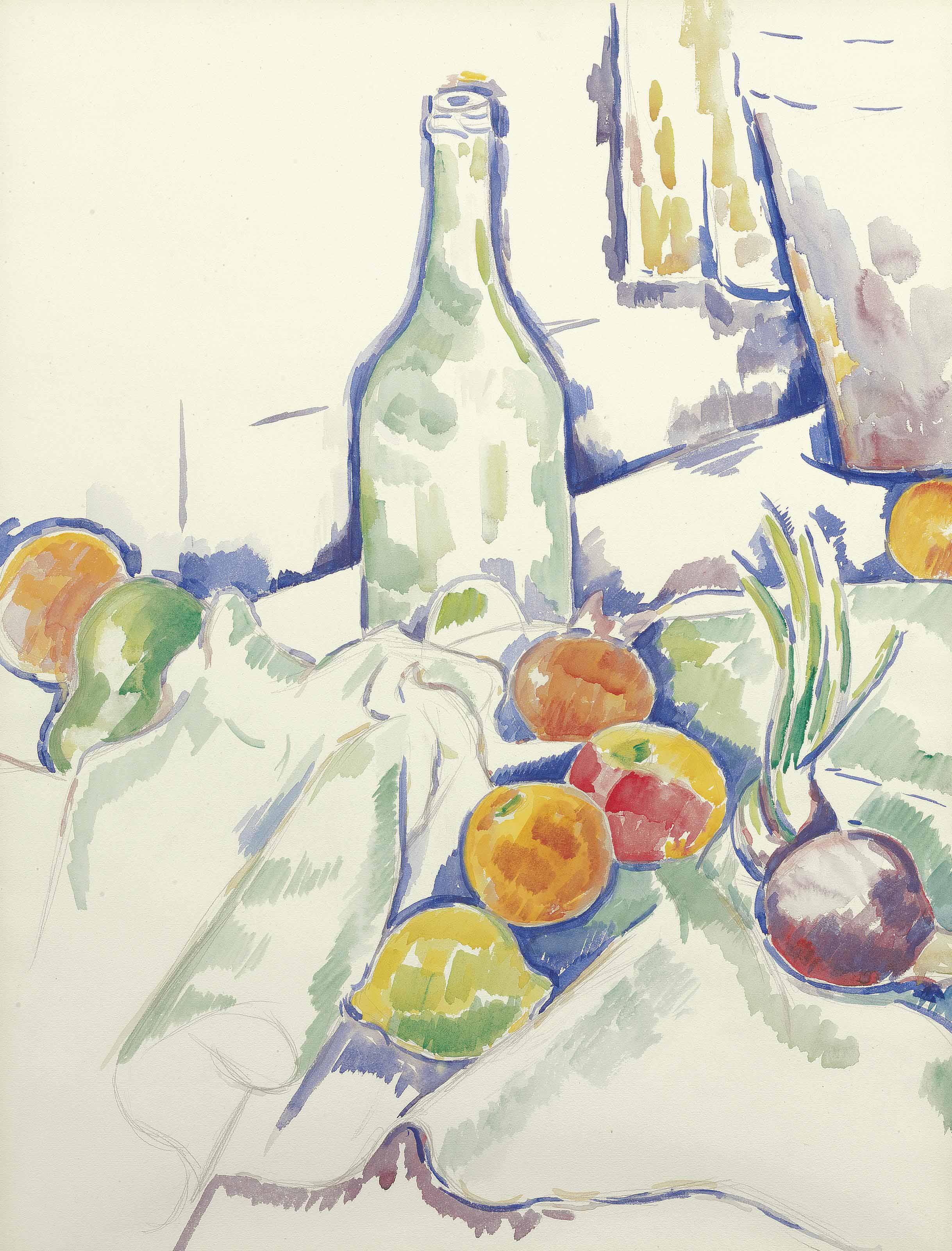 Marsden Hartley — Натюрморт: Бутылка и фрукты на столе