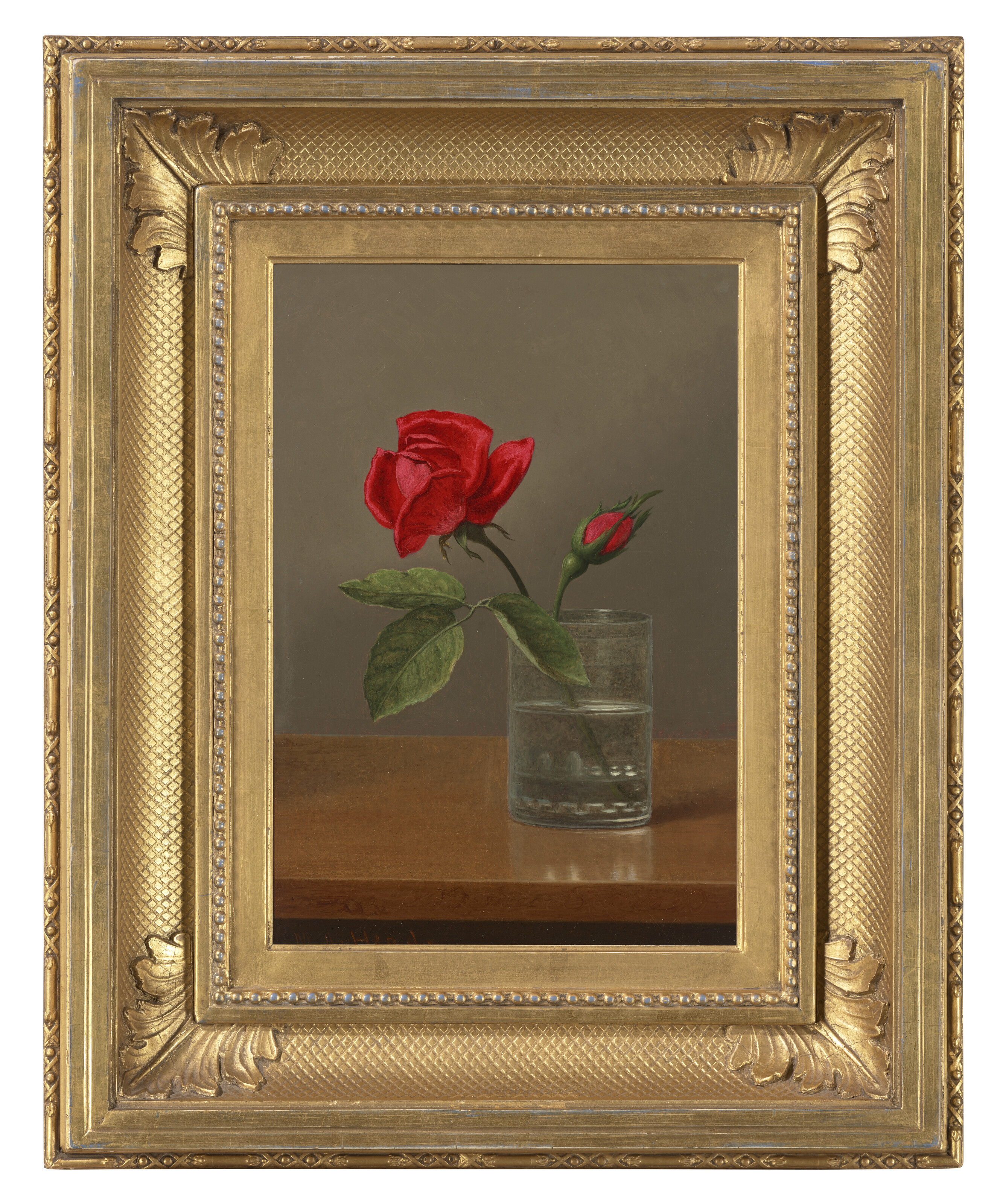 Martin Johnson Heade — Красная роза и бутон в бокале на блестящем столе, изображение 2
