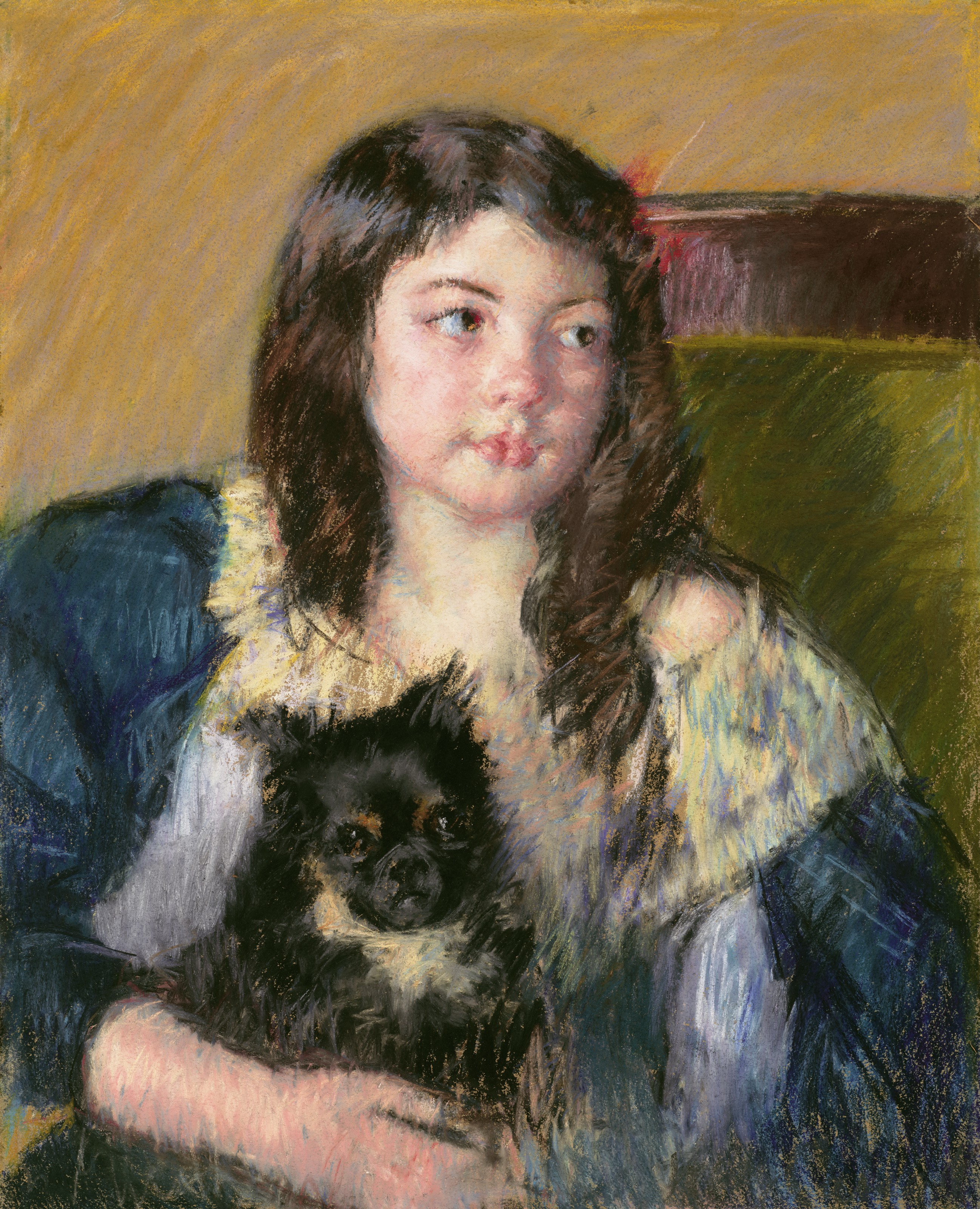 Mary Cassatt — Франсуаза, держащая на руках маленькую собачку, смотрит далеко вправо, изображение 1