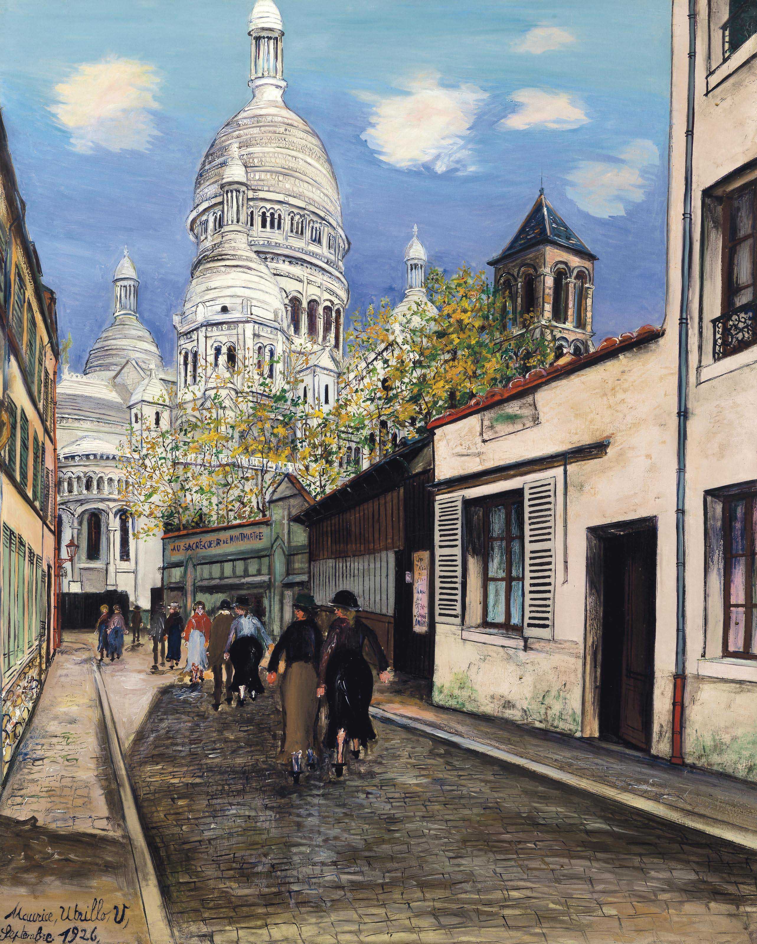 Maurice Utrillo — Улица Шевалье де ла Барр, купола Сакре-Кер и замок Сен-Пьер на Монмартре