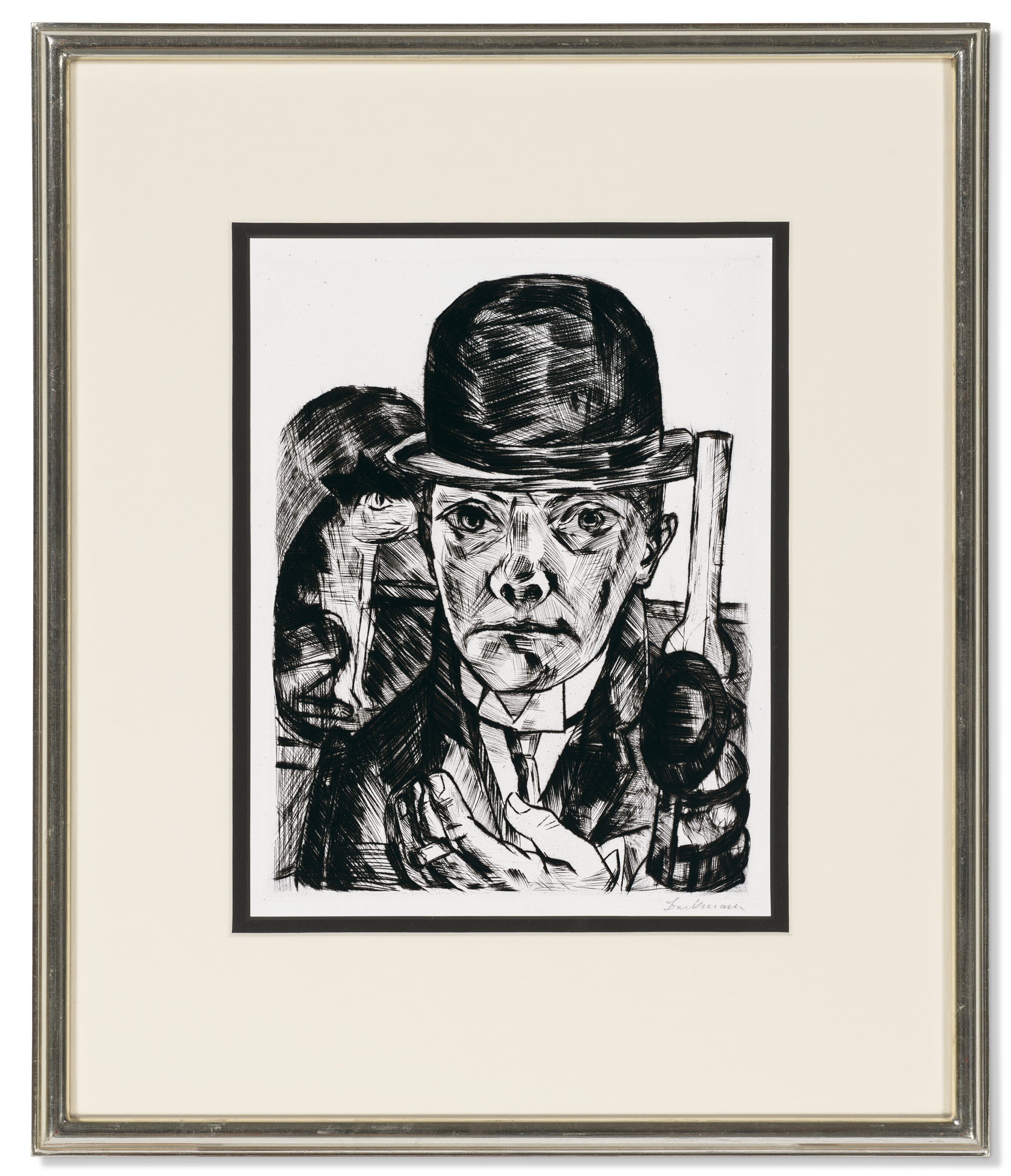 Max Beckmann — Сельбстбилдис в хижине штайфема (автопортрет в шляпе-котелке), изображение 2