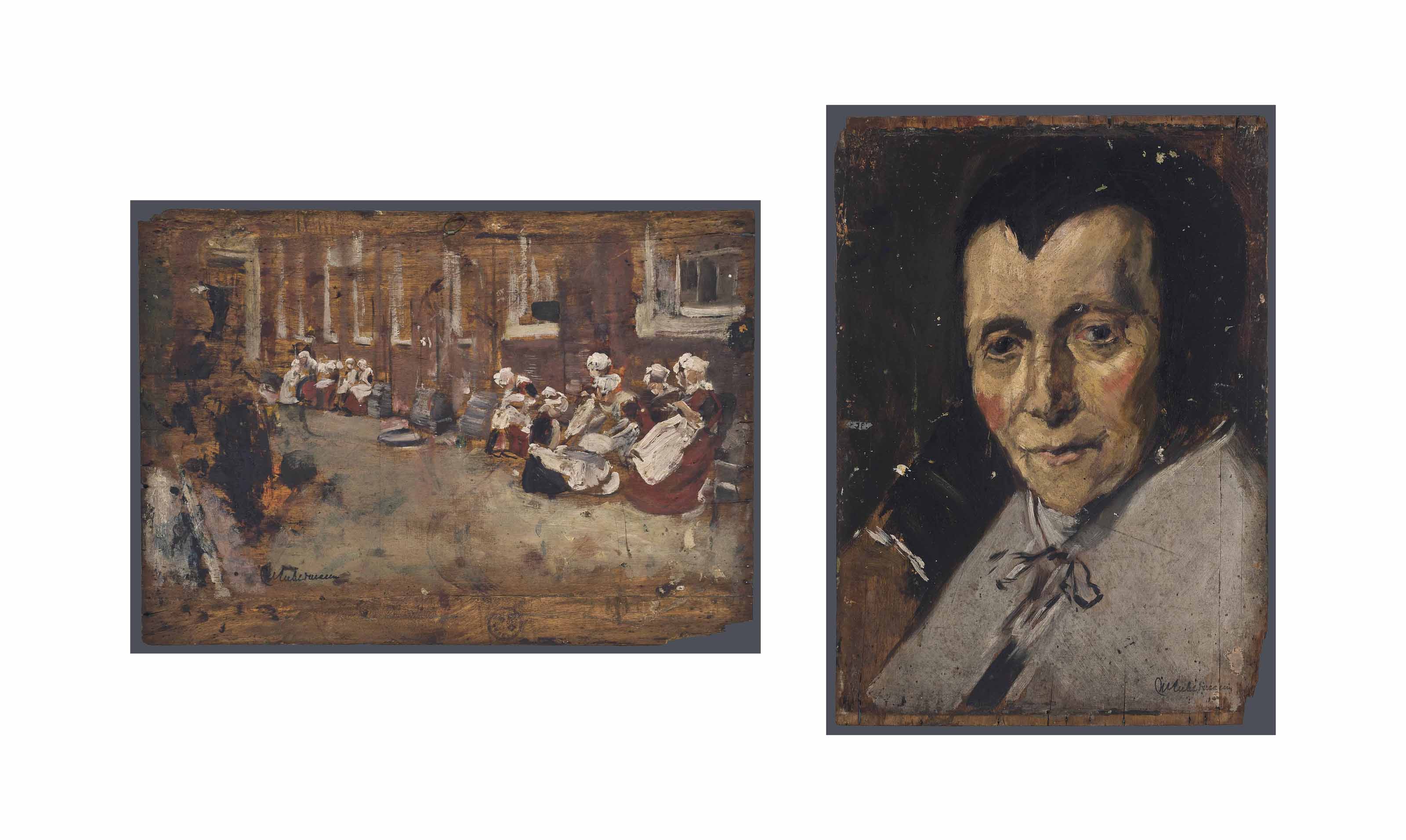 Max Liebermann — Старая женщина - копия Франца Хальса (слева направо); этюд Фреймуинде в амстердамском доме мастеров (справа налево)